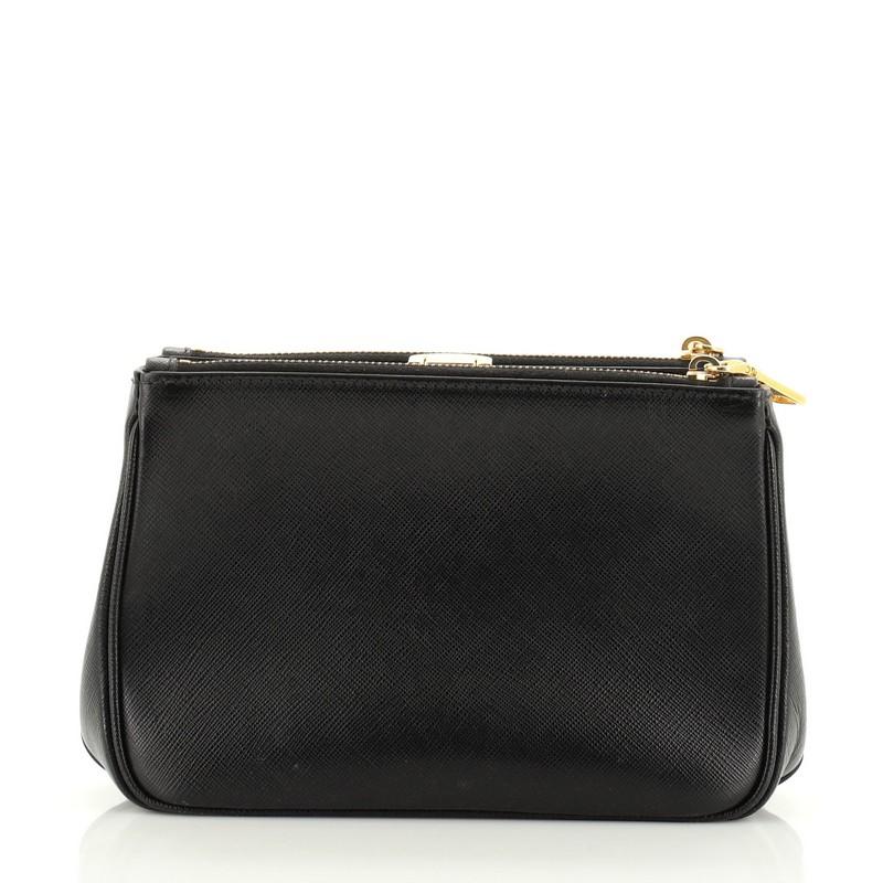 Black Prada  Double Zip Frame Clutch Saffiano Leather Small