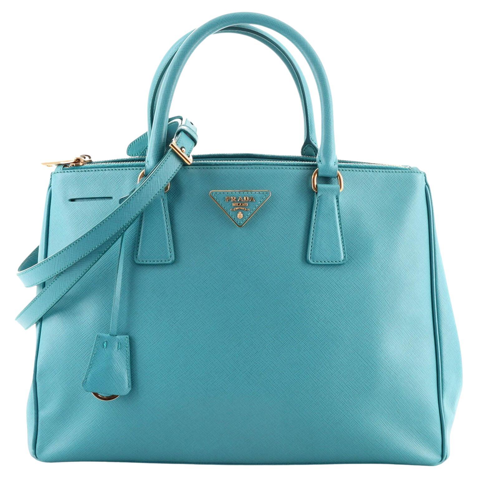 Prada Blue Saffiano Lux Leather Small Double Zip Tote at 1stDibs