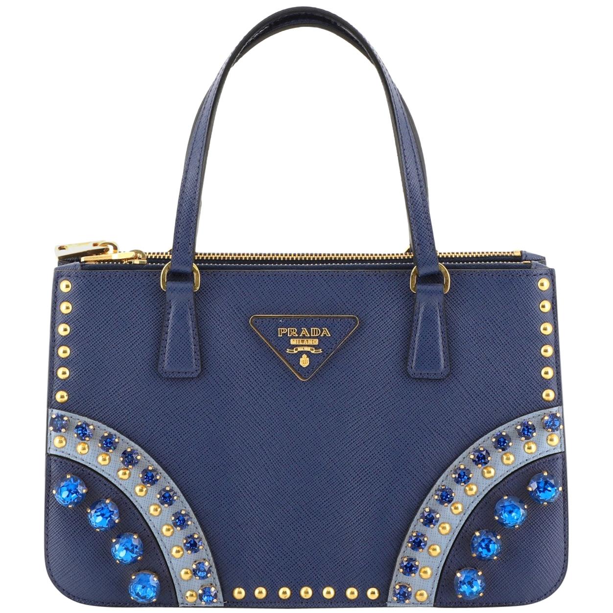 Prada Double Zip Tote Crystal Embellished Saffiano Leather Mini