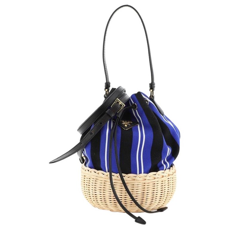 Prada Drawstring Bucket Bag Canvas and Wicker Small For Sale at 1stdibs