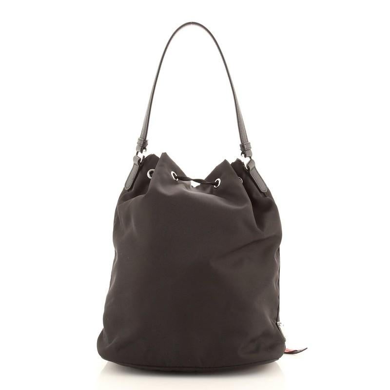 Black Prada Drawstring Bucket Bag Embellished Tessuto Small