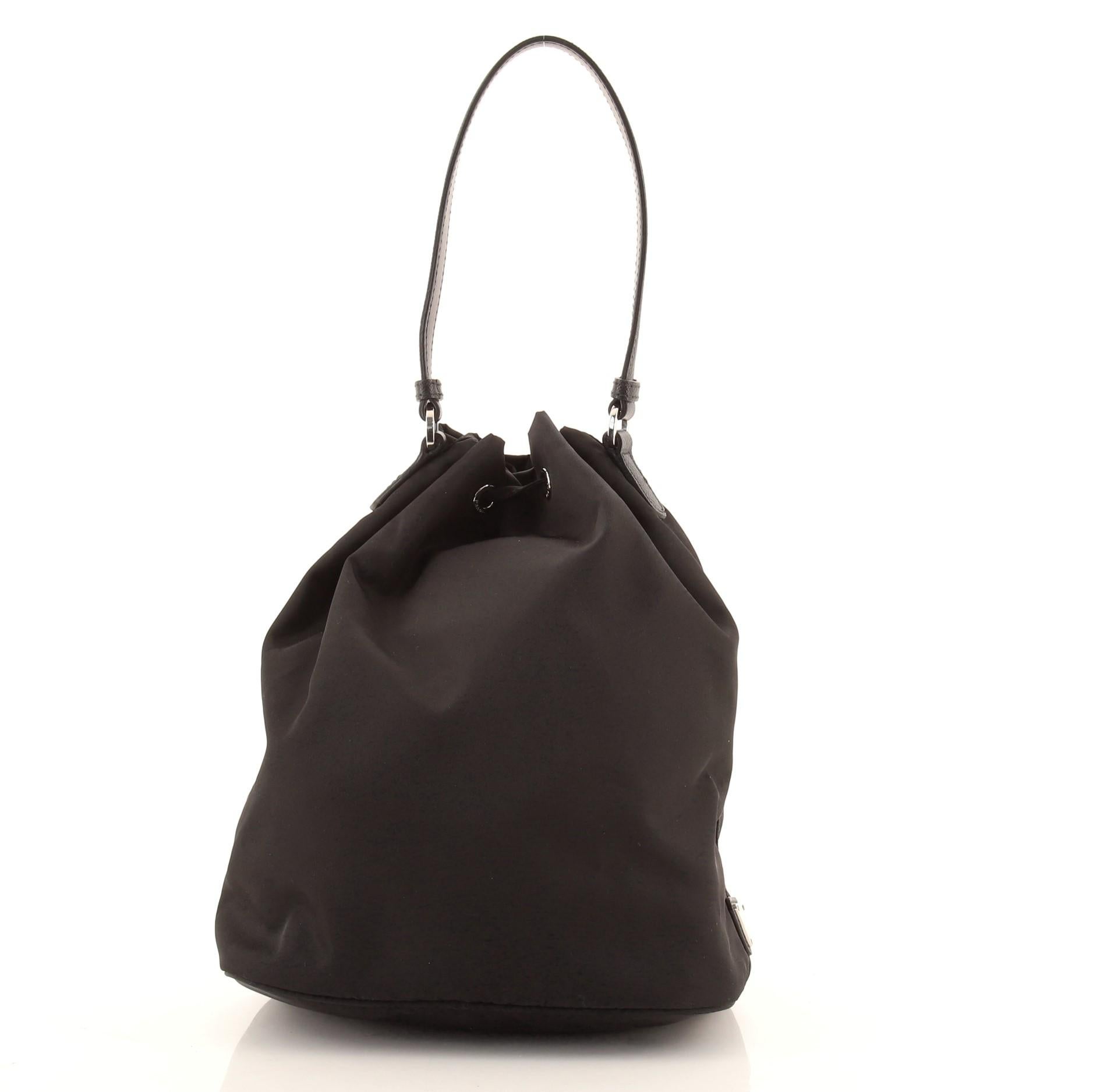 Black Prada Drawstring Bucket Bag Embellished Tessuto Small