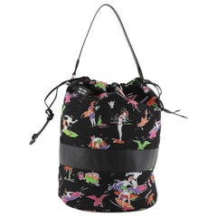 Prada Drawstring Bucket Bag Printed Tessuto Medium