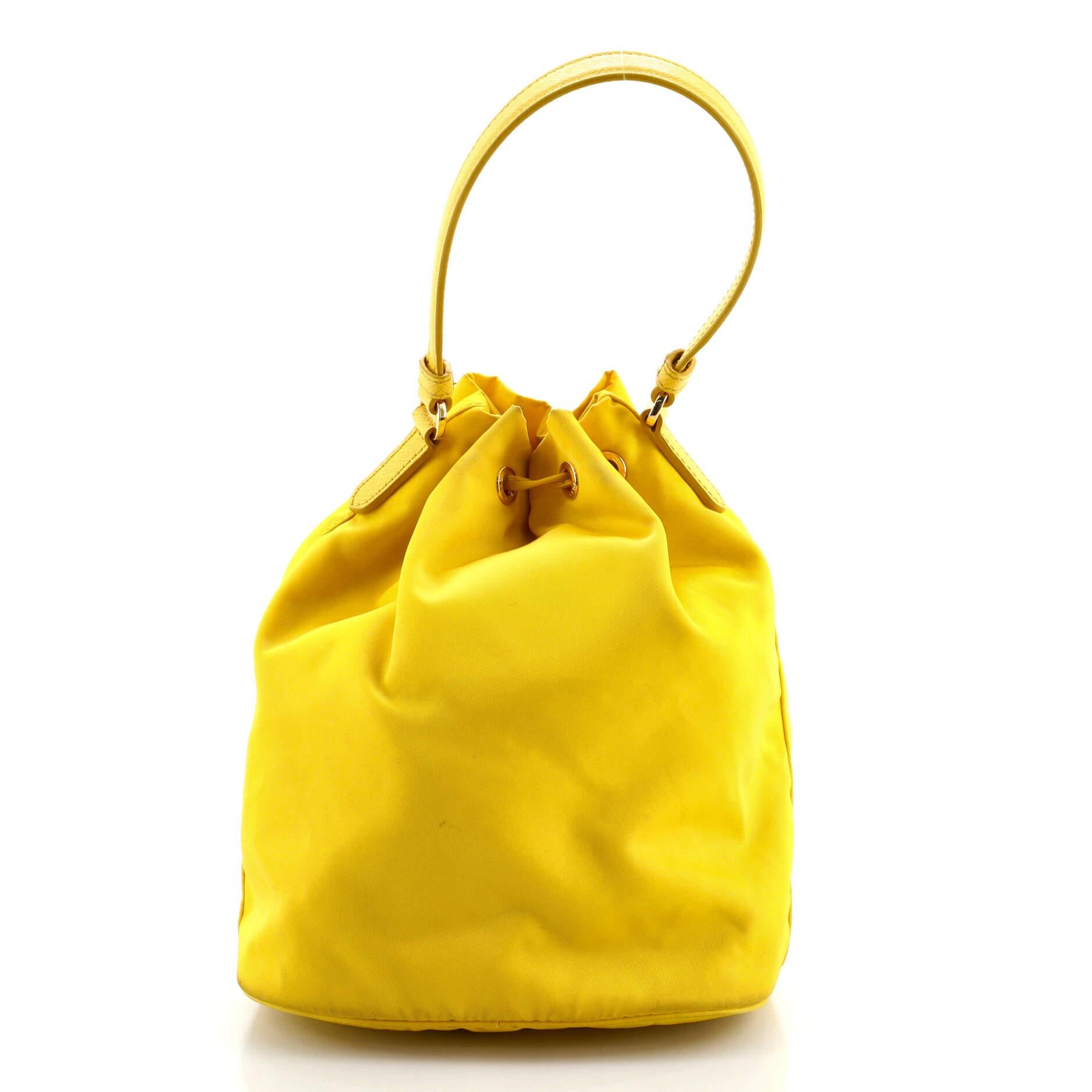 Yellow Prada Drawstring Bucket Bag Tessuto Small