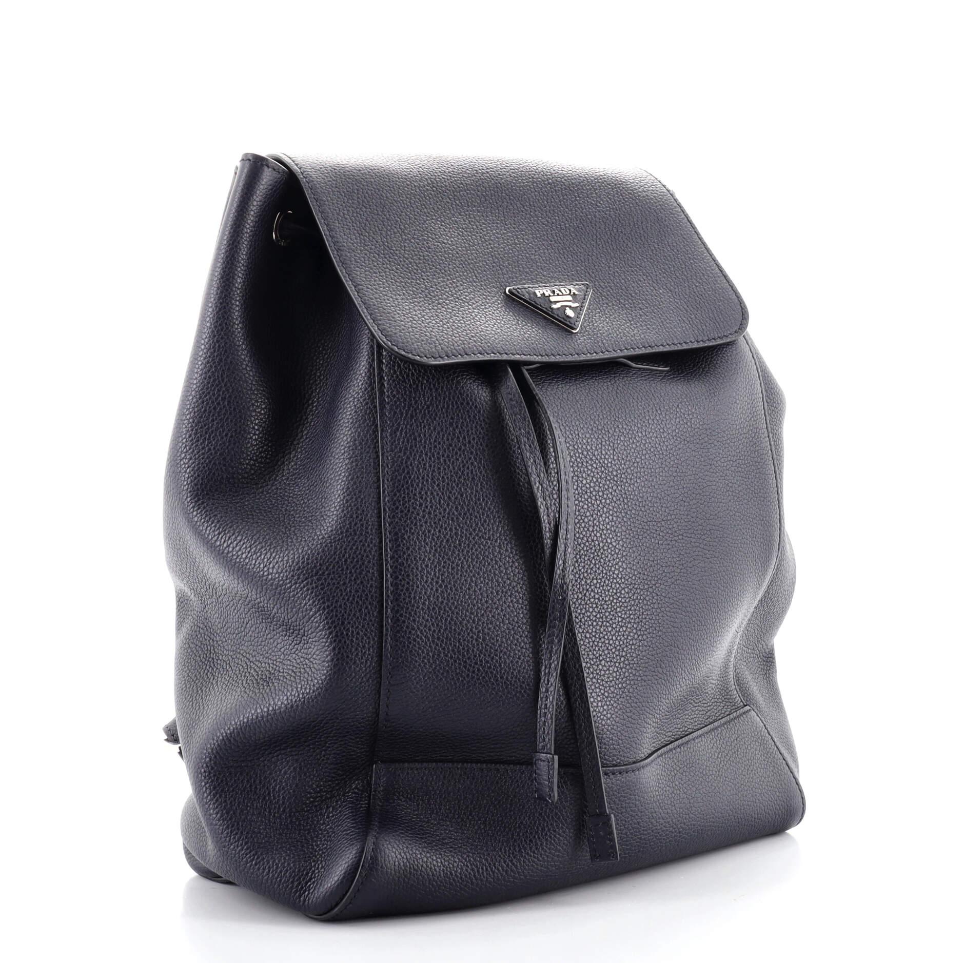Black Prada Drawstring Flap Backpack Vitello Daino Large