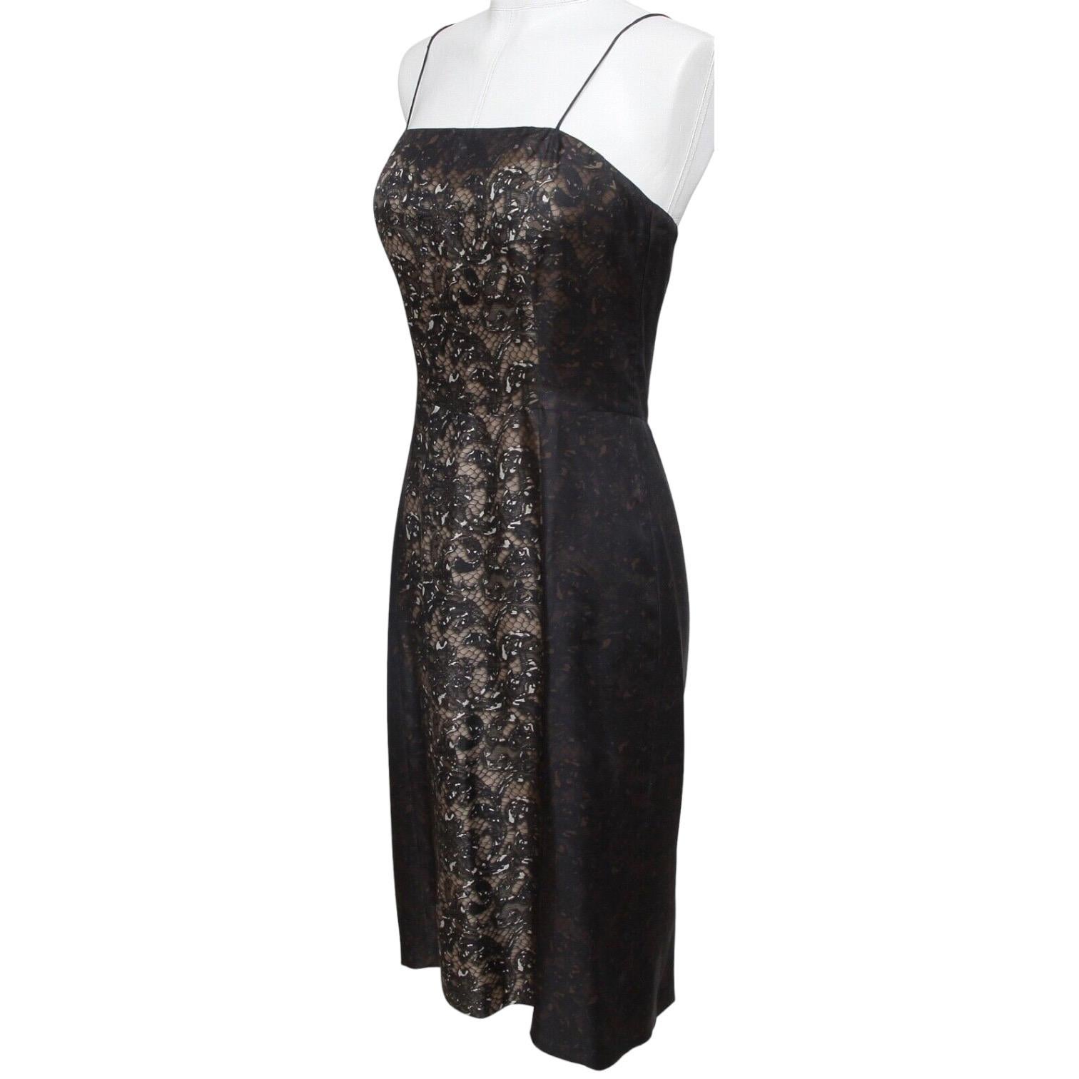PRADA Dress Spaghetti Strap Silk Brown Black Lace Print Sz 40 In Excellent Condition For Sale In Hollywood, FL