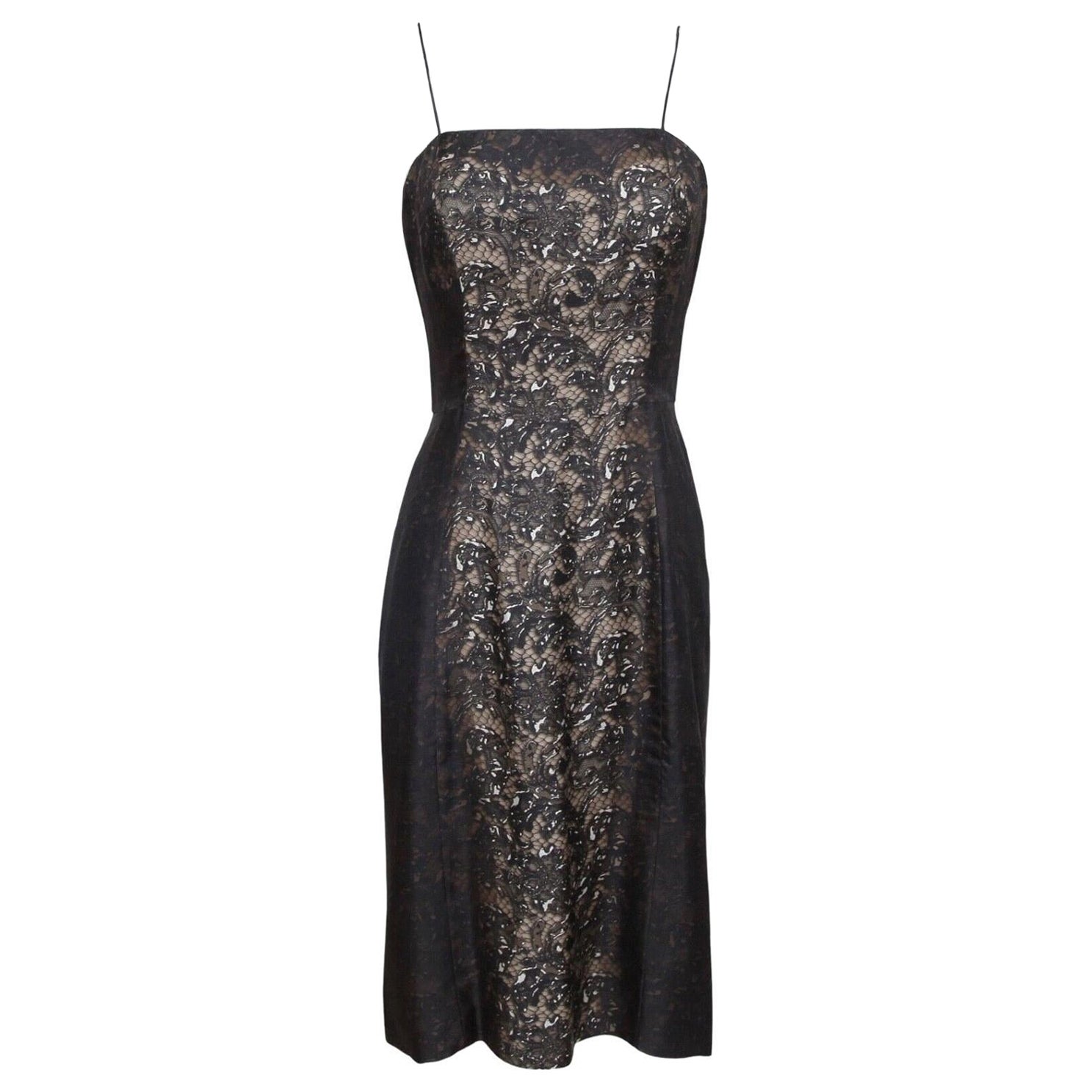 PRADA Dress Spaghetti Strap Silk Brown Black Lace Print Sz 40 For Sale