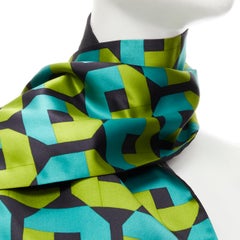 PRADA Duchess silk blue green geometric print black lining scarf