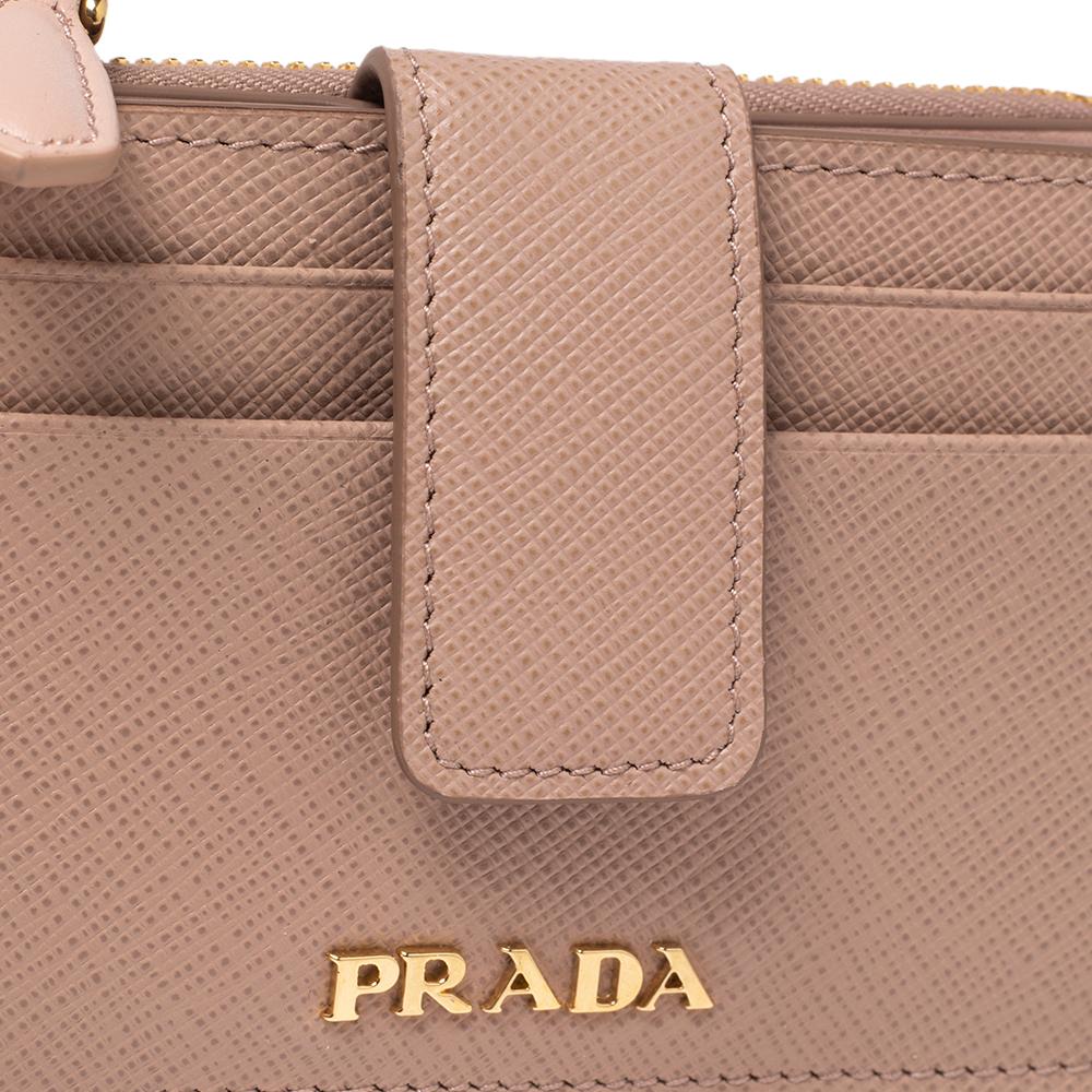 Brown Prada Dust Pink Saffiano Leather Zip Card Holder