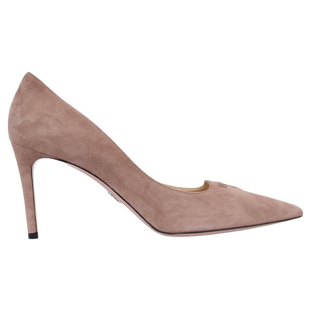 PRADA dusty rose suede LOGO POINTED TOE Pumps Shoes 39.5 For Sale