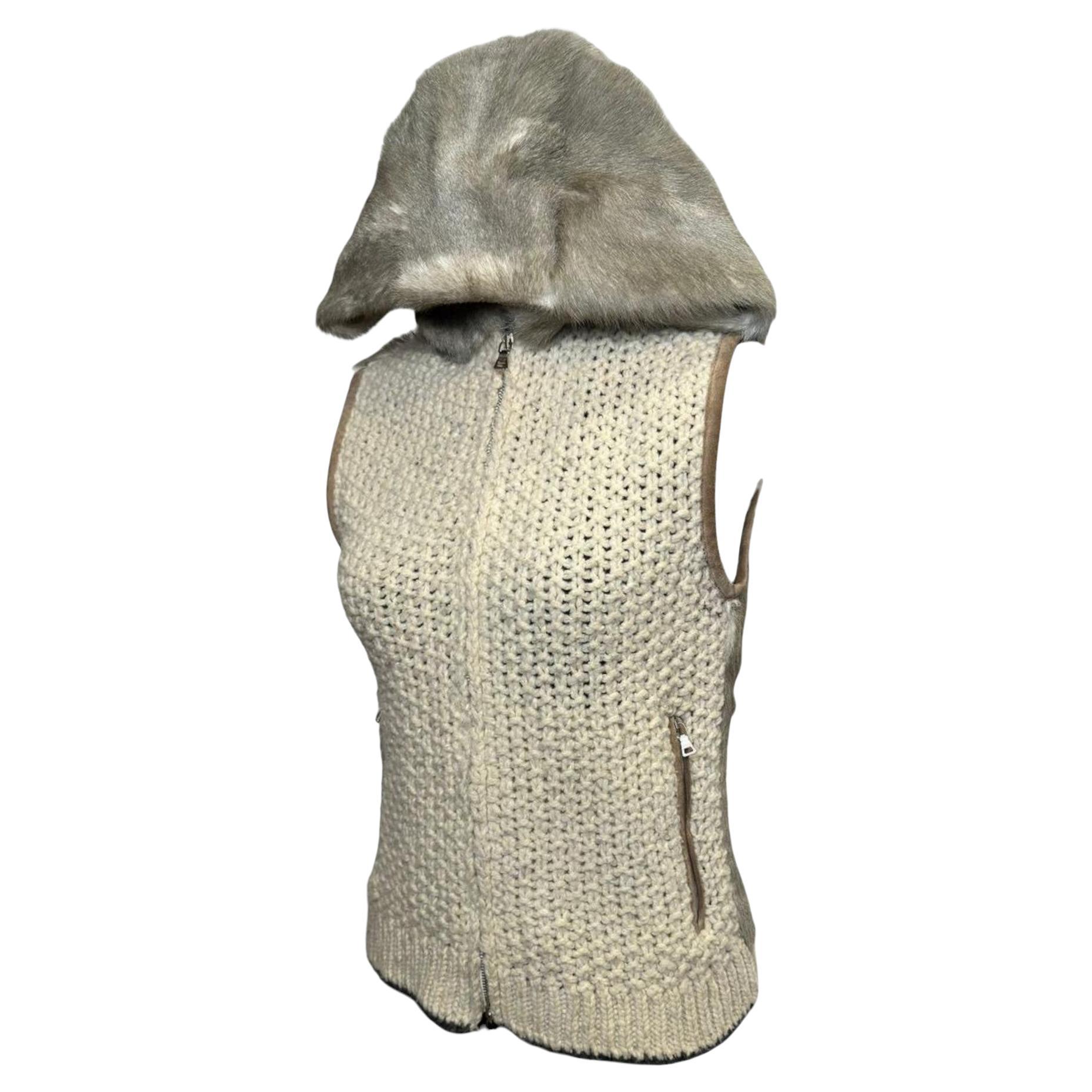 Prada Early 2000s Rabbit Fur Hood Wool Knit Vest