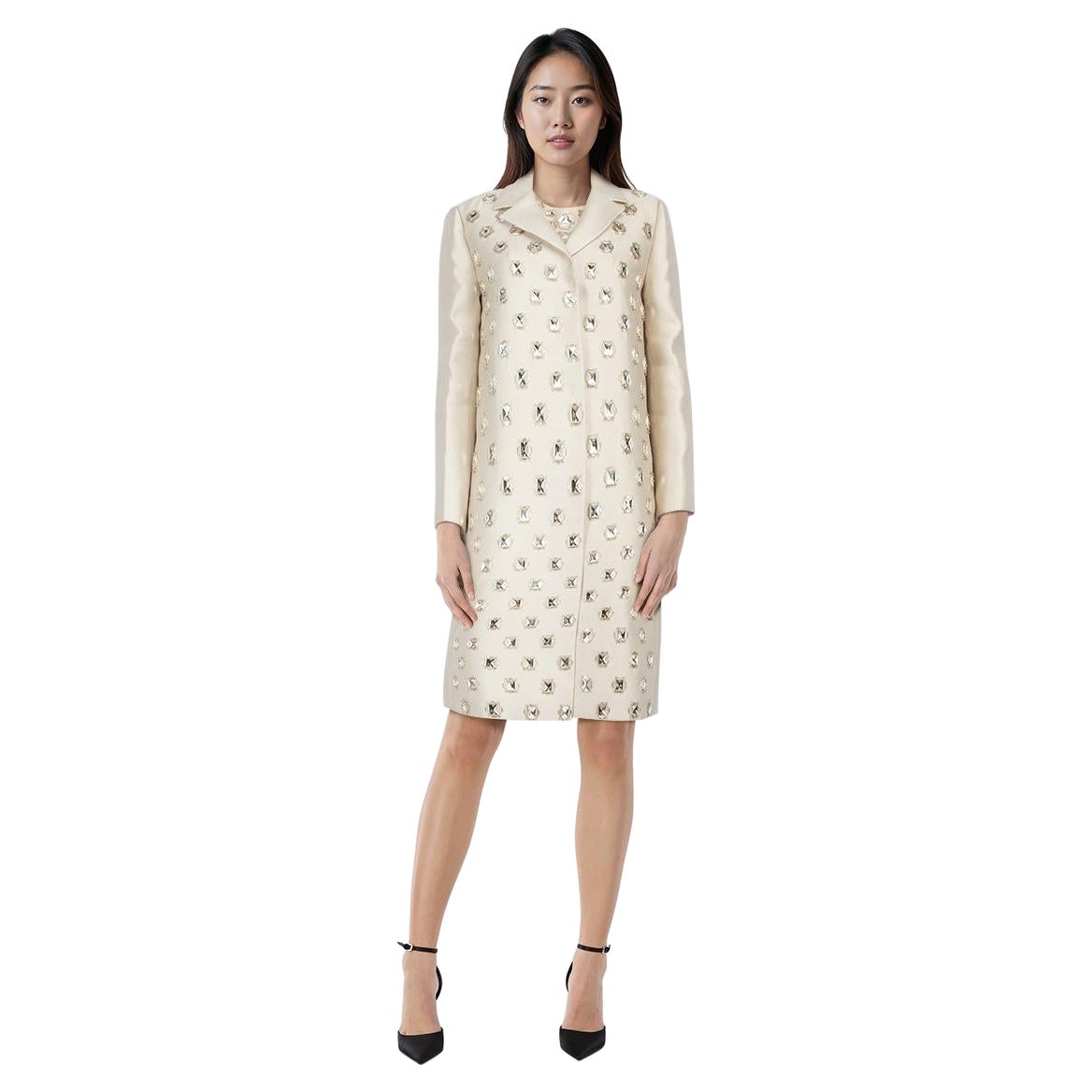 Prada Ecru Embellished Coat 
Dress Set Size M