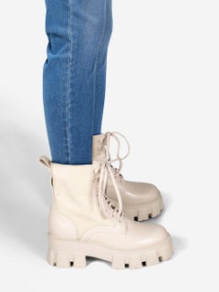 Prada Ecru Leather Monolith Combat Boots Size IT 37.5