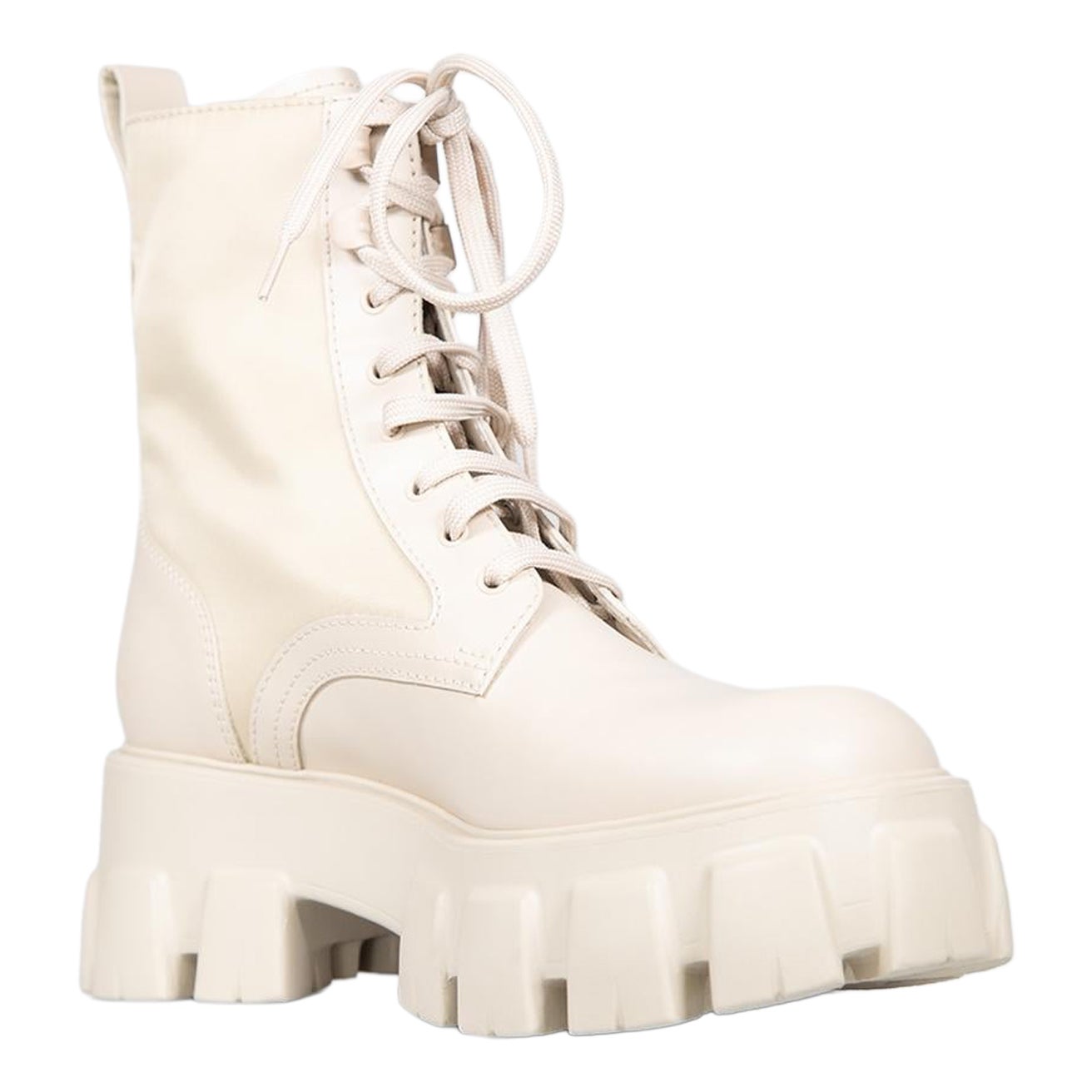 Prada Ecru Leather Monolith Combat Boots Size IT 37.5 For Sale