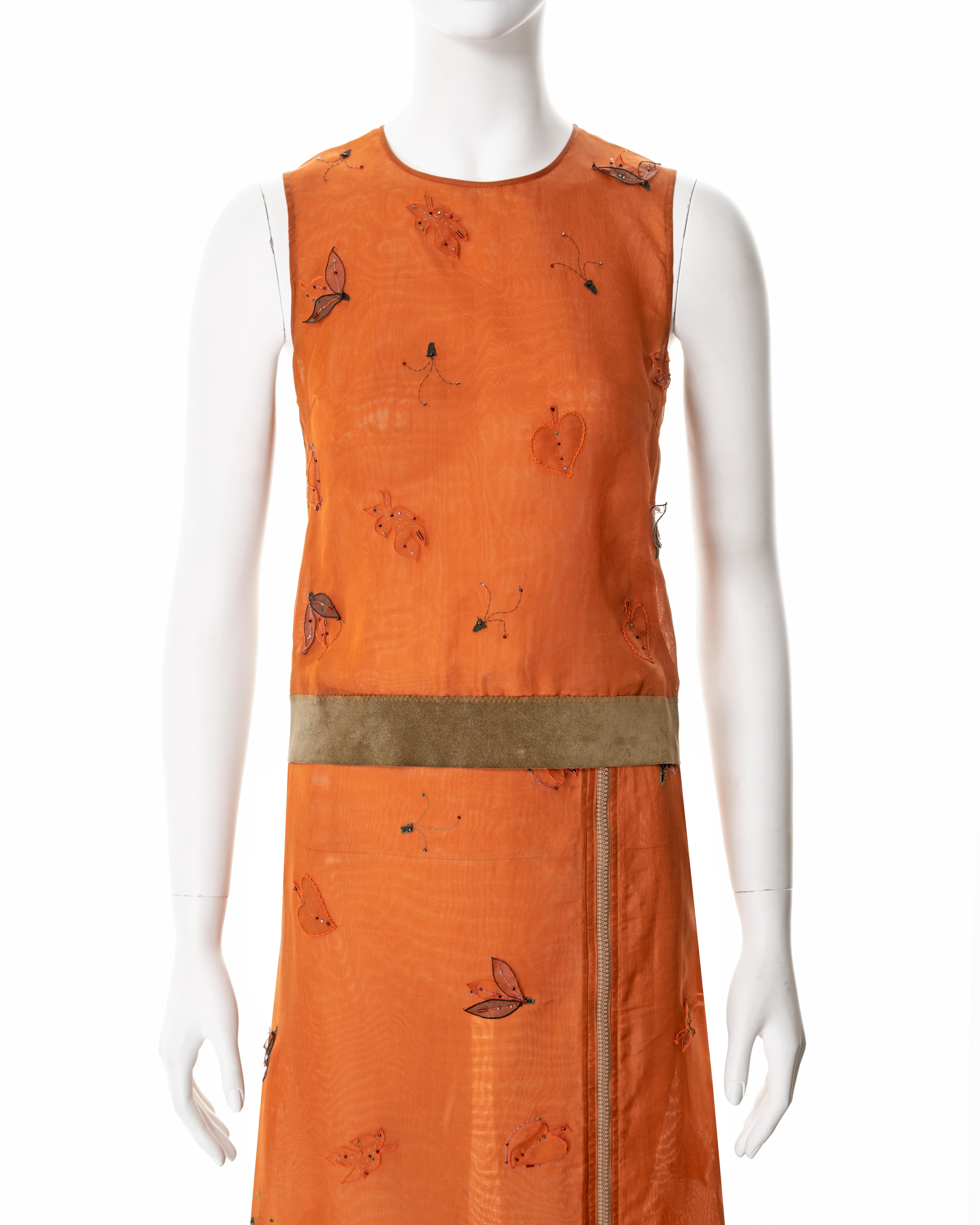 Women's Prada embellished orange silk organza top and skirt set, fw 1999 For Sale