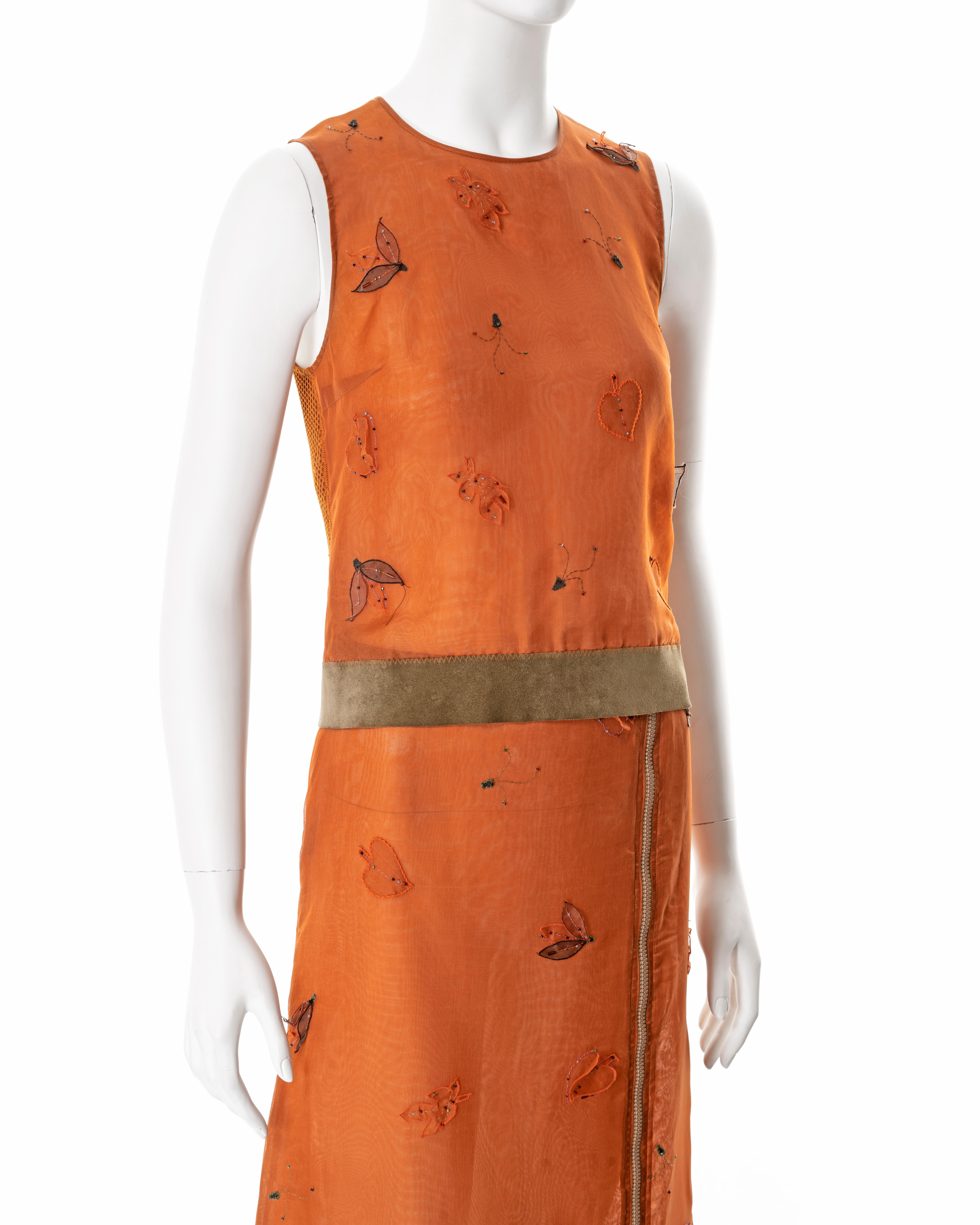 Prada embellished orange silk organza top and skirt set, fw 1999 For Sale 5