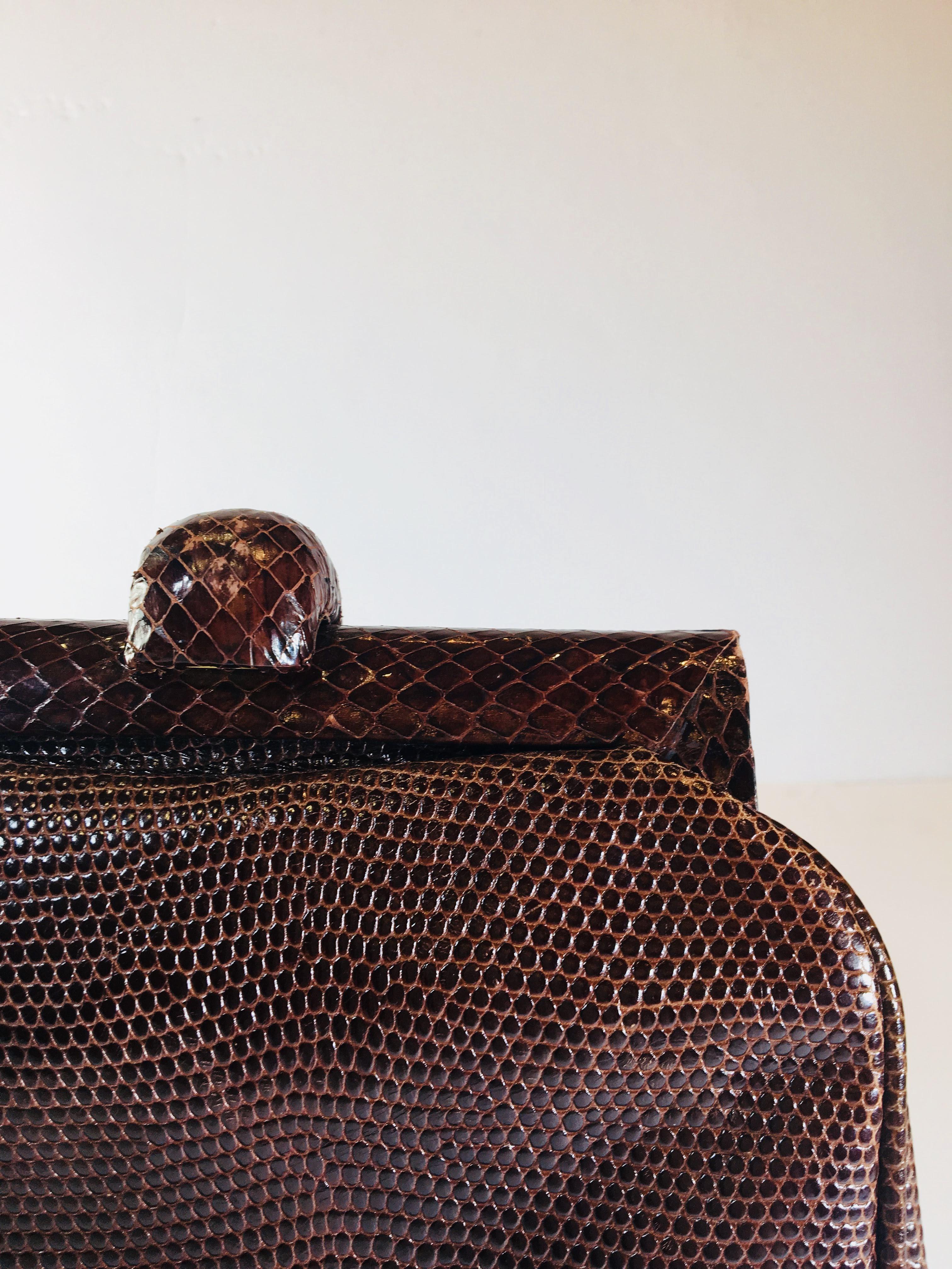 Chocolate Brown Embossed Leather Clutch with Python Skin Detail 
10