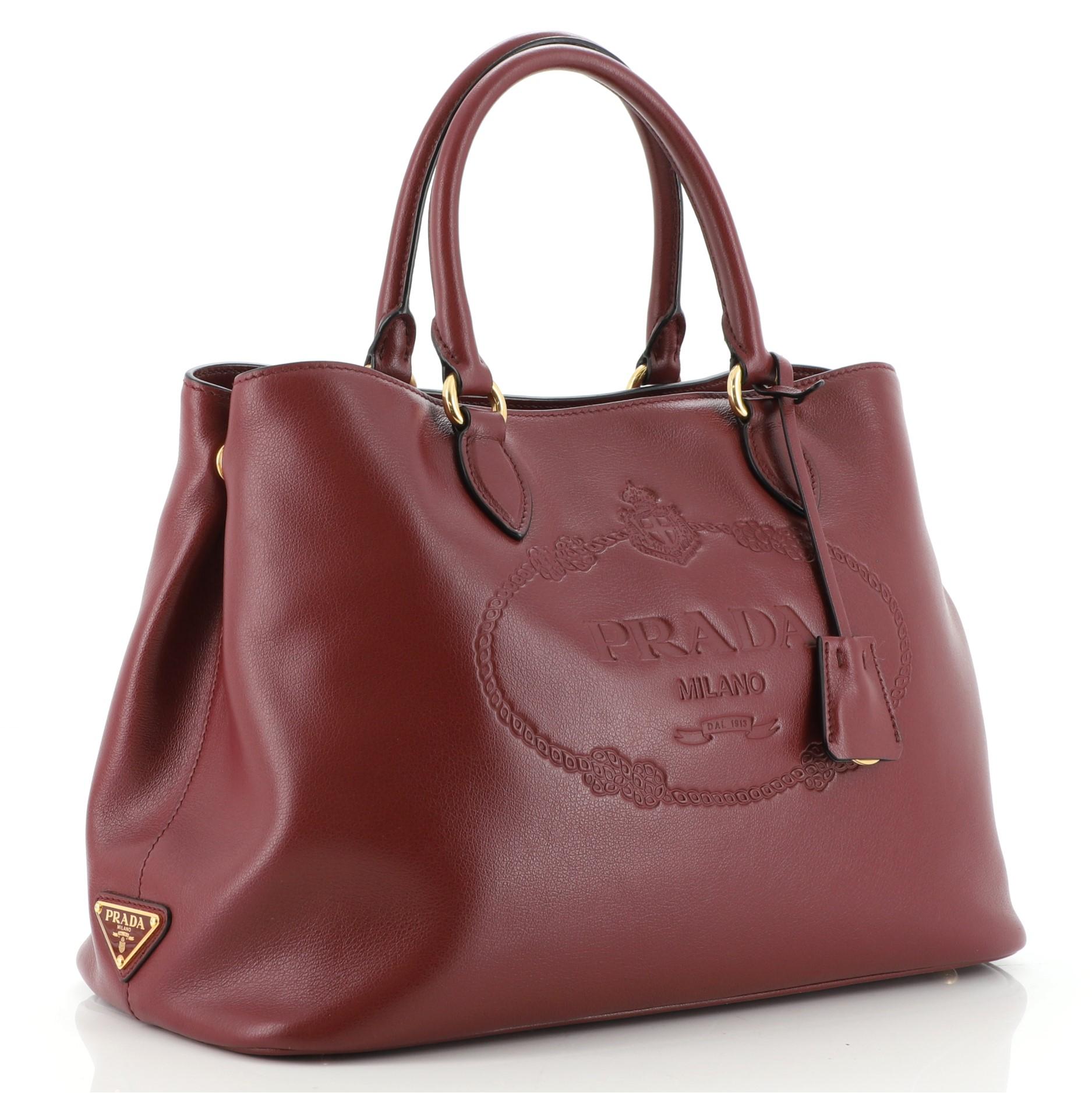 Brown Prada Embossed Logo Convertible Open Tote Glace Calf Medium
