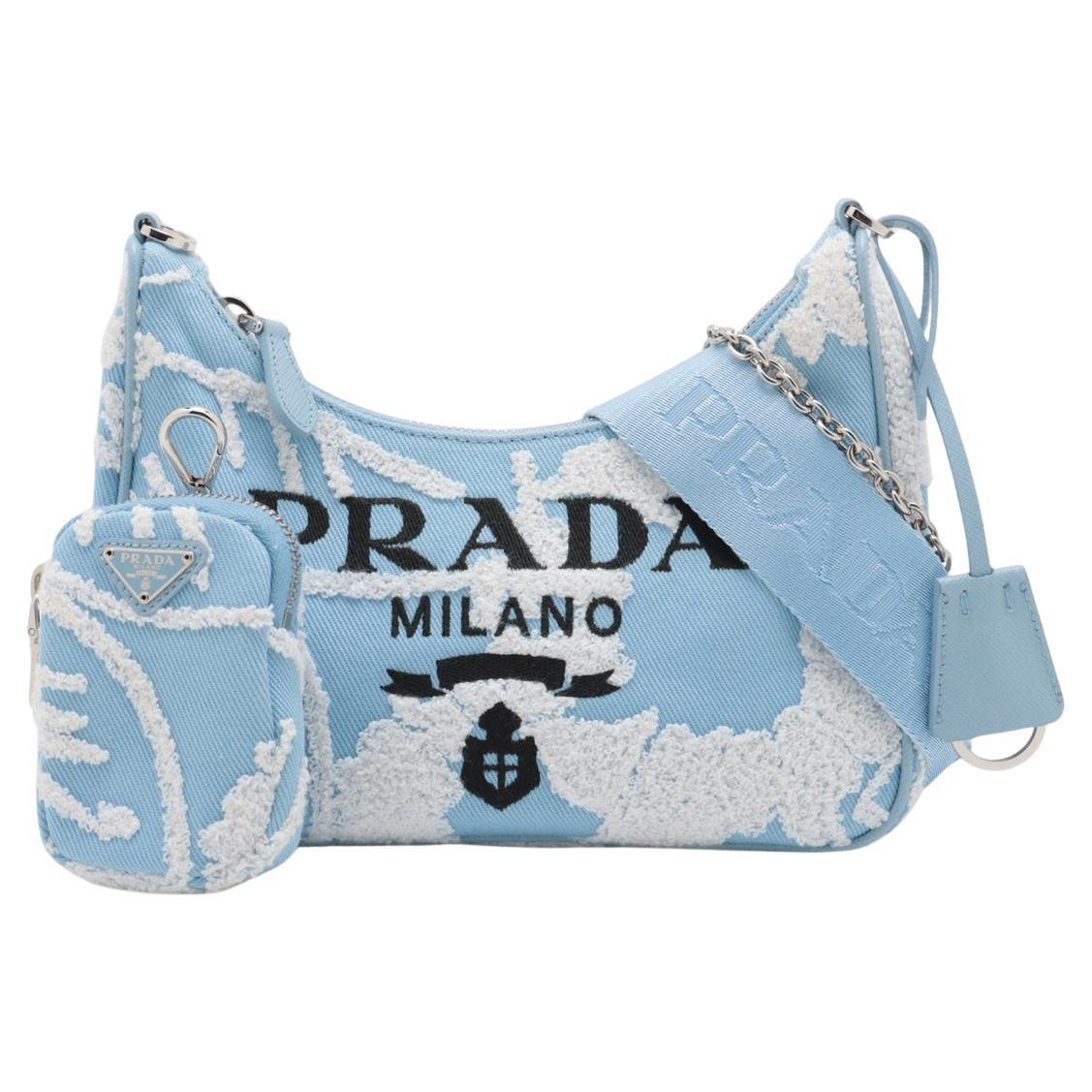 Prada Embroidered Floral Re-edition Canvas Shoulder Bag Blue *  PREORDER *