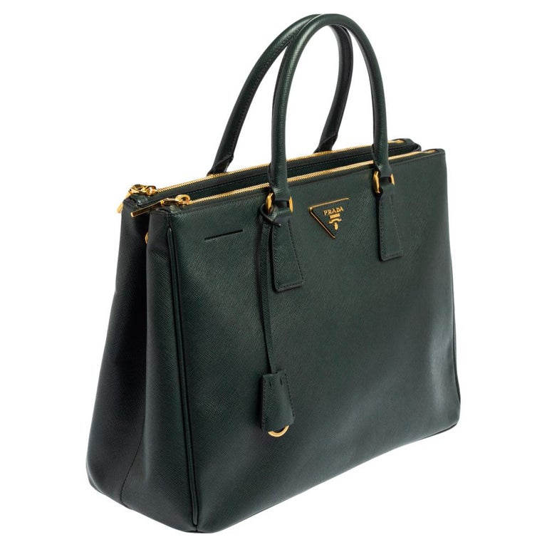 Prada Emerald Green Saffiano Lux Leather Large Double Zip Tote at