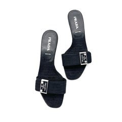 Prada Enamel Metal Logo Plaque Kitten Heel Slip On Mules Sandals 36.5