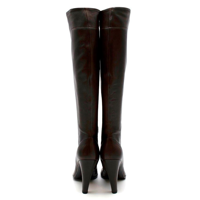 Black Prada Espresso Leather Heeled Knee-Length Boots - Size EU 39