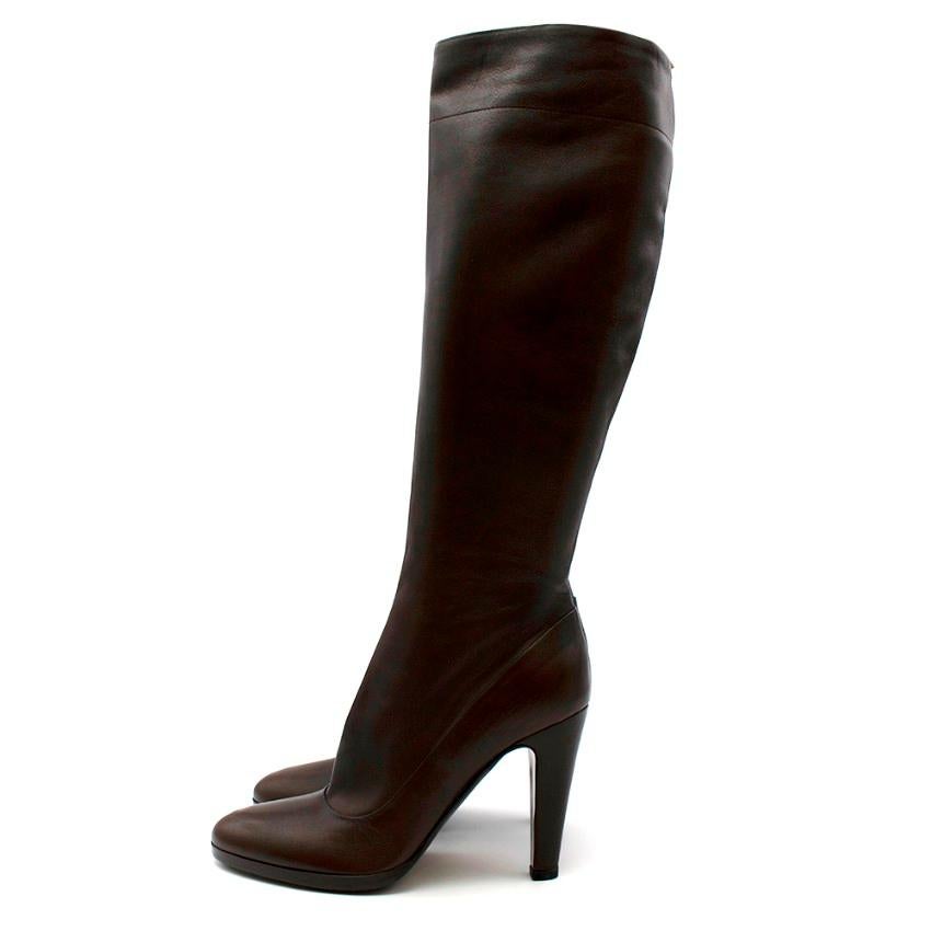 Prada Espresso Leather Heeled Knee-Length Boots - Size EU 39 In New Condition In London, GB