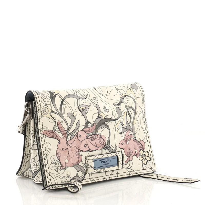 Beige Prada Etiquette Flap Bag Printed Leather Small 