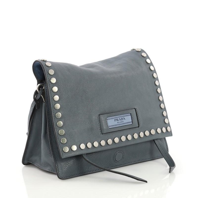 Gray Prada Etiquette Flap Bag Studded Glace Calfskin Small
