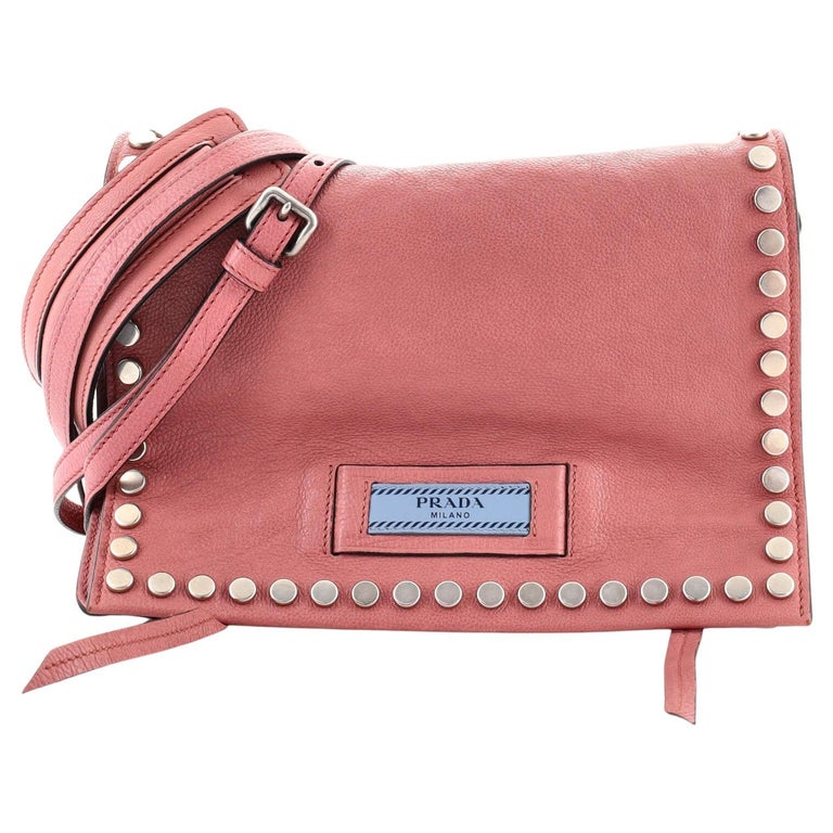 Prada Etiquette Flap Bag Studded Glace Calfskin Small For Sale at 1stDibs