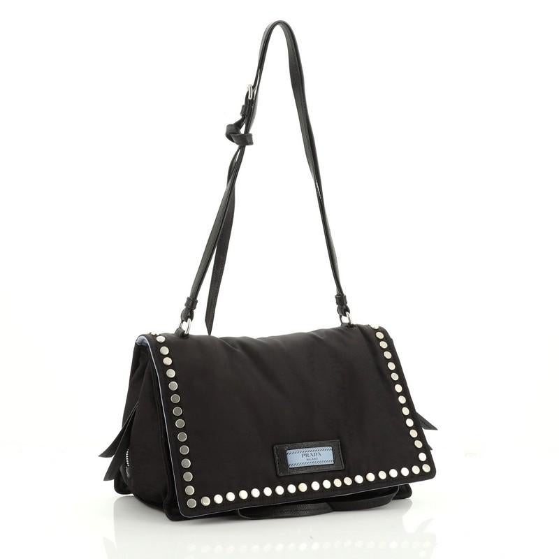 Black Prada Etiquette Flap Bag Studded Tessuto Medium