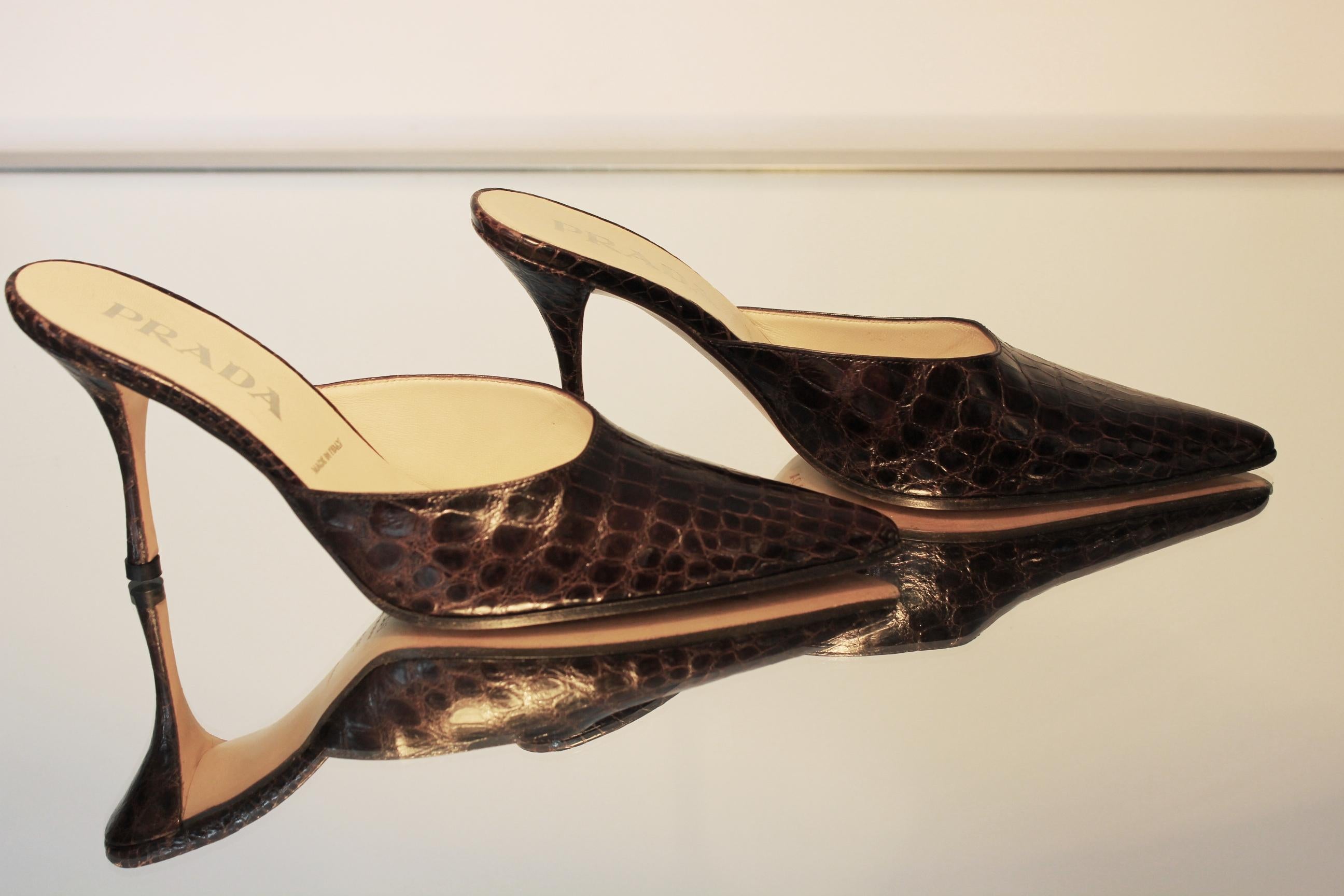 Prada Exotic Brown Alligator Skin High Heel Pumps Mules In Good Condition In Switzerland, CH