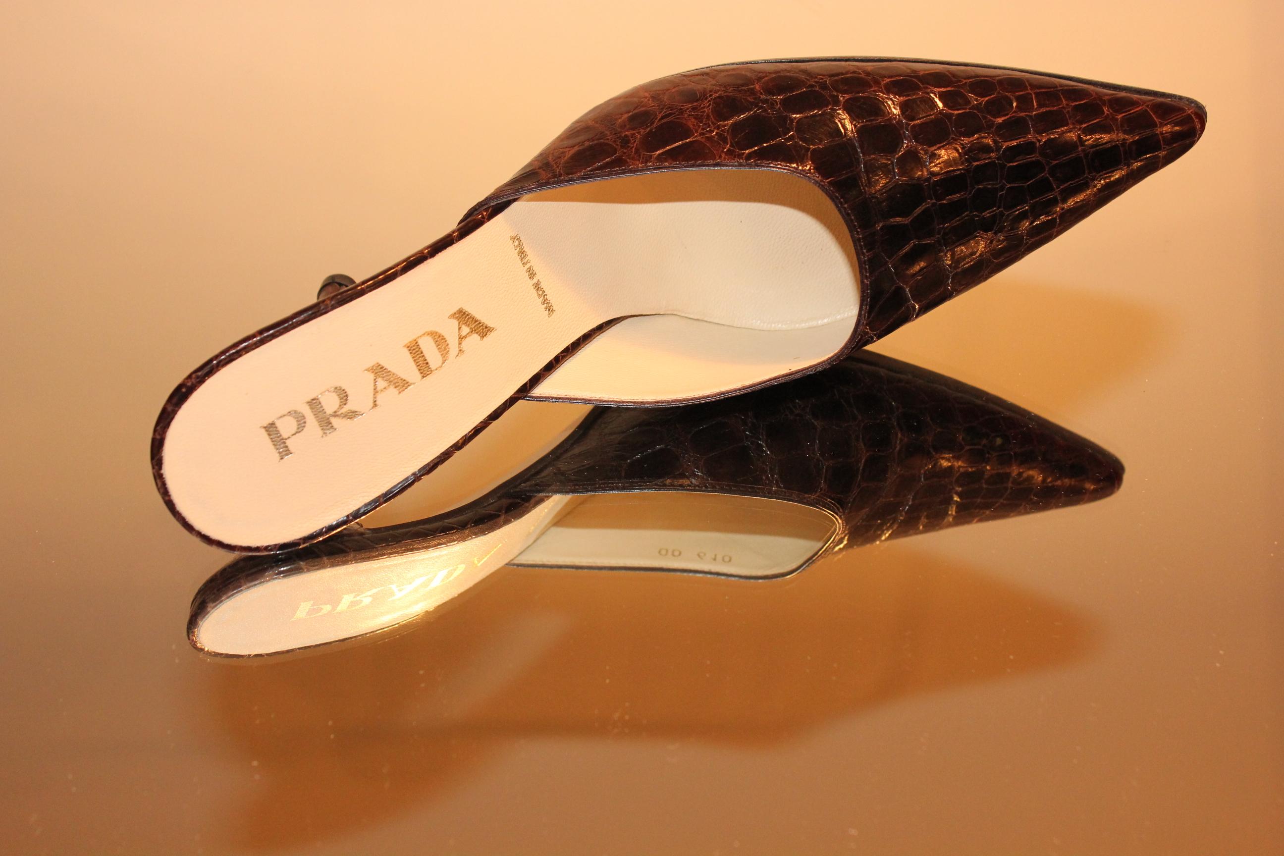 Women's Prada Exotic Brown Alligator Skin High Heel Pumps Mules