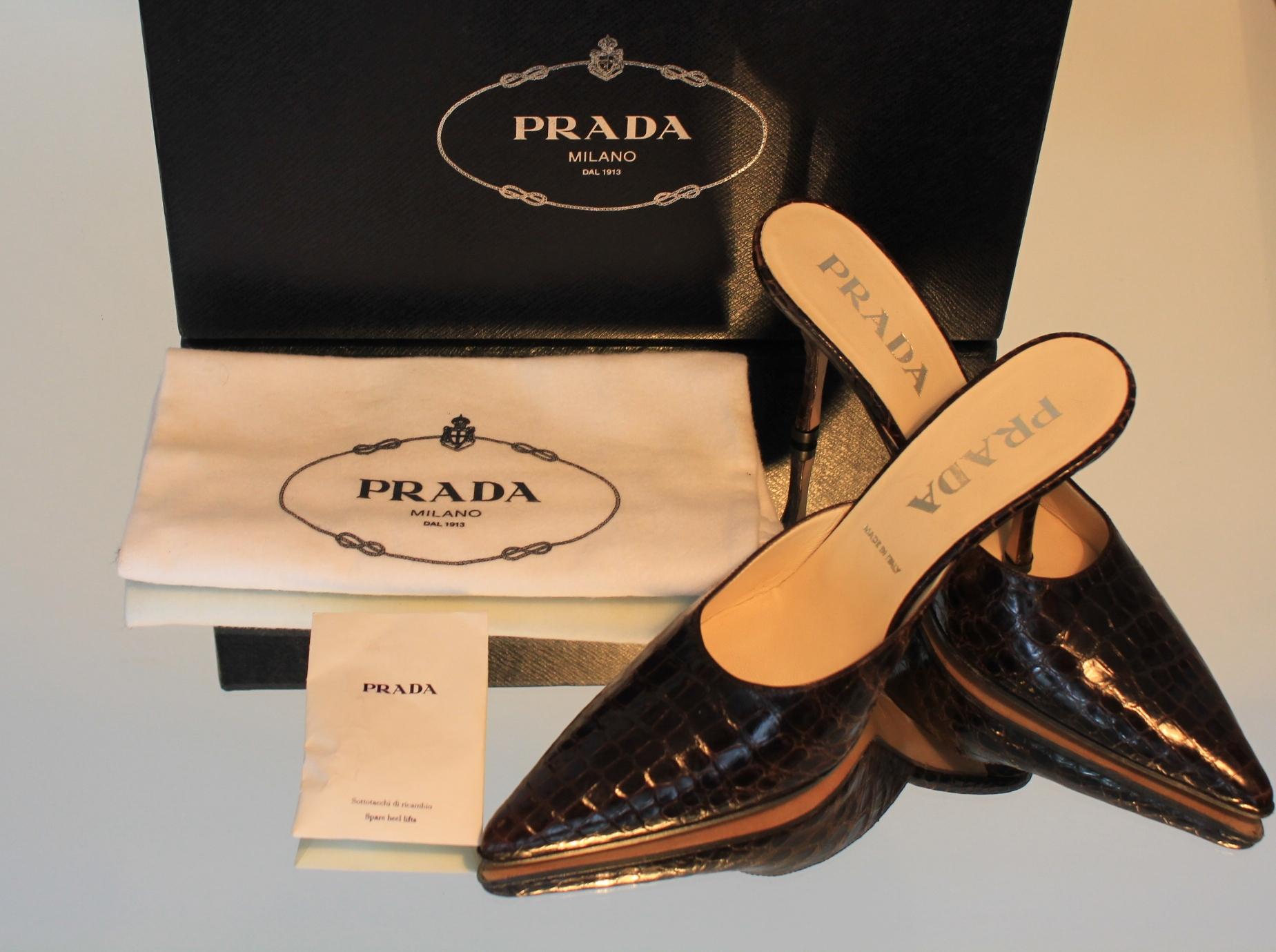 Prada Exotic Brown Alligator Skin High Heel Pumps Mules 1