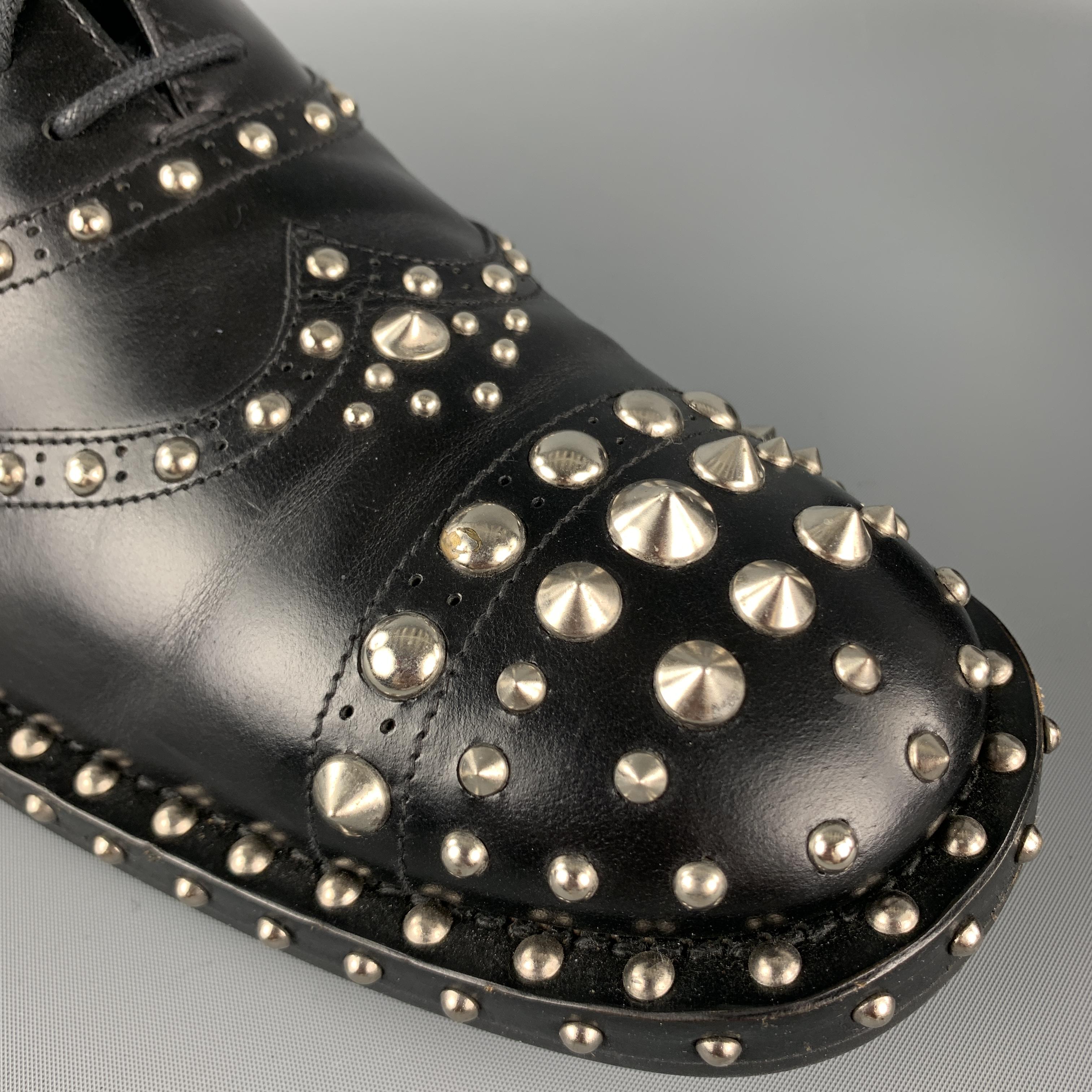PRADA F/W 09 Size 10.5 Black Studded Leather Cap Toe Lace Up Shoes In Excellent Condition In San Francisco, CA