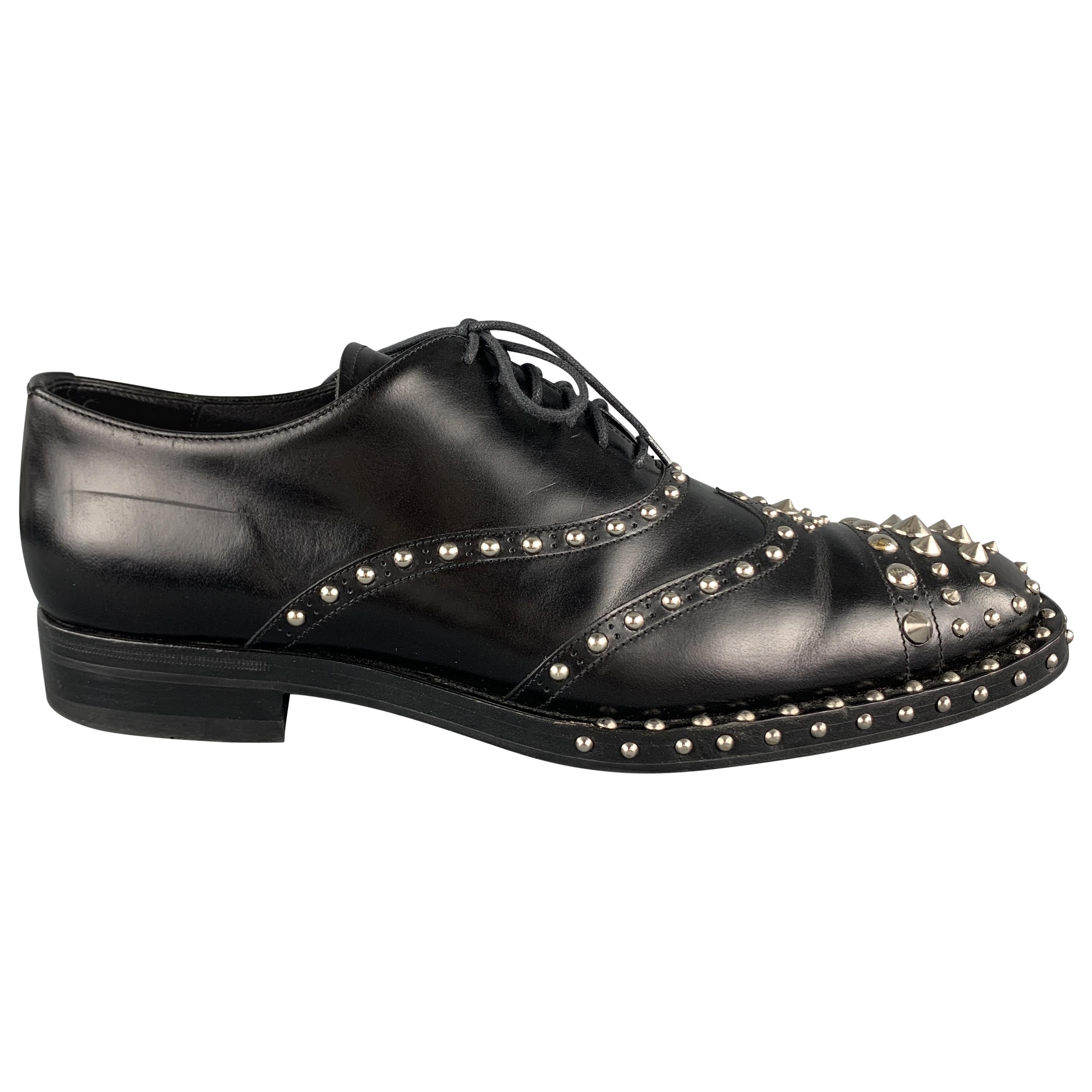 PRADA F/W 09 Size 10.5 Black Studded Leather Cap Toe Lace Up Shoes