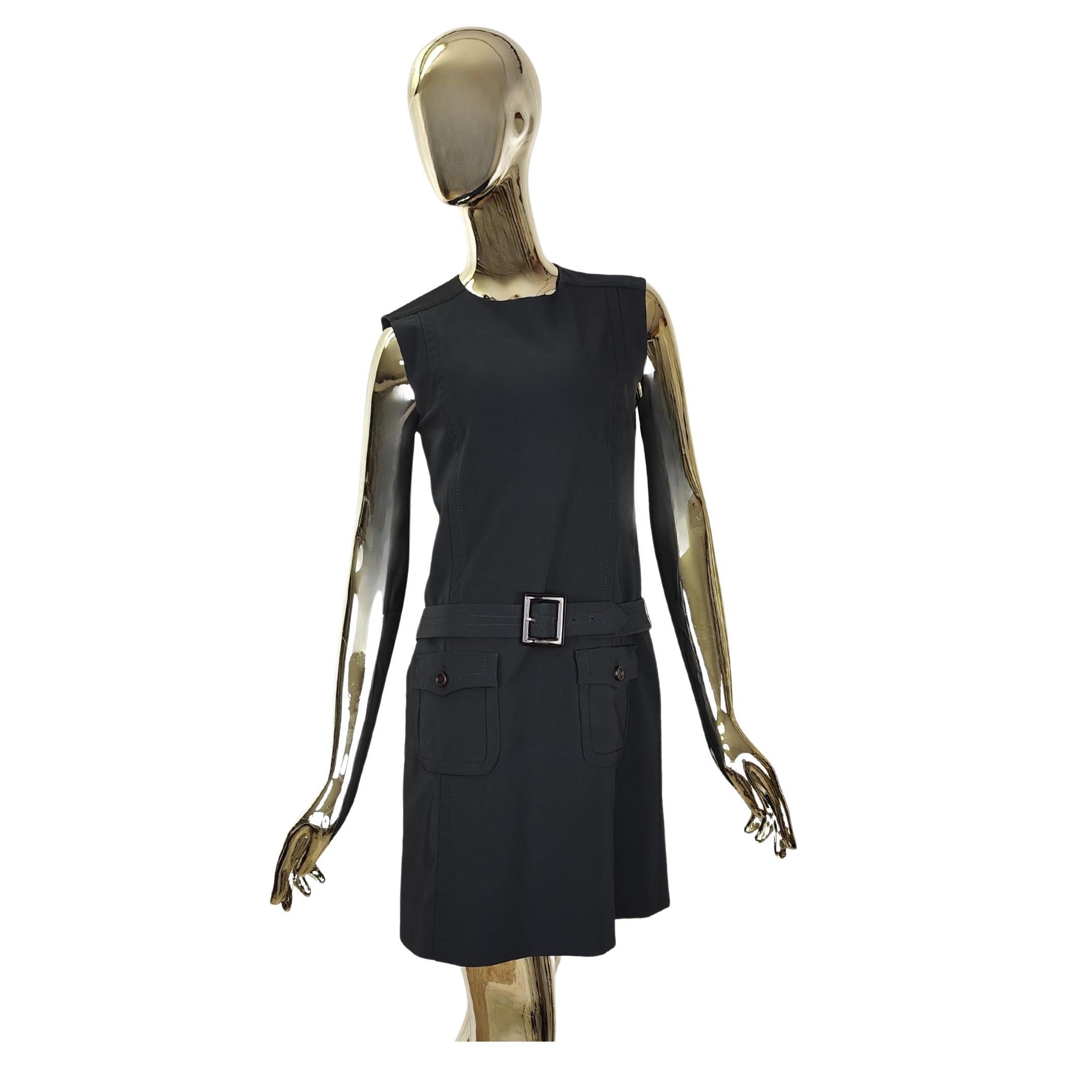 Prada F/W 1996 navy blue belted midi dress For Sale