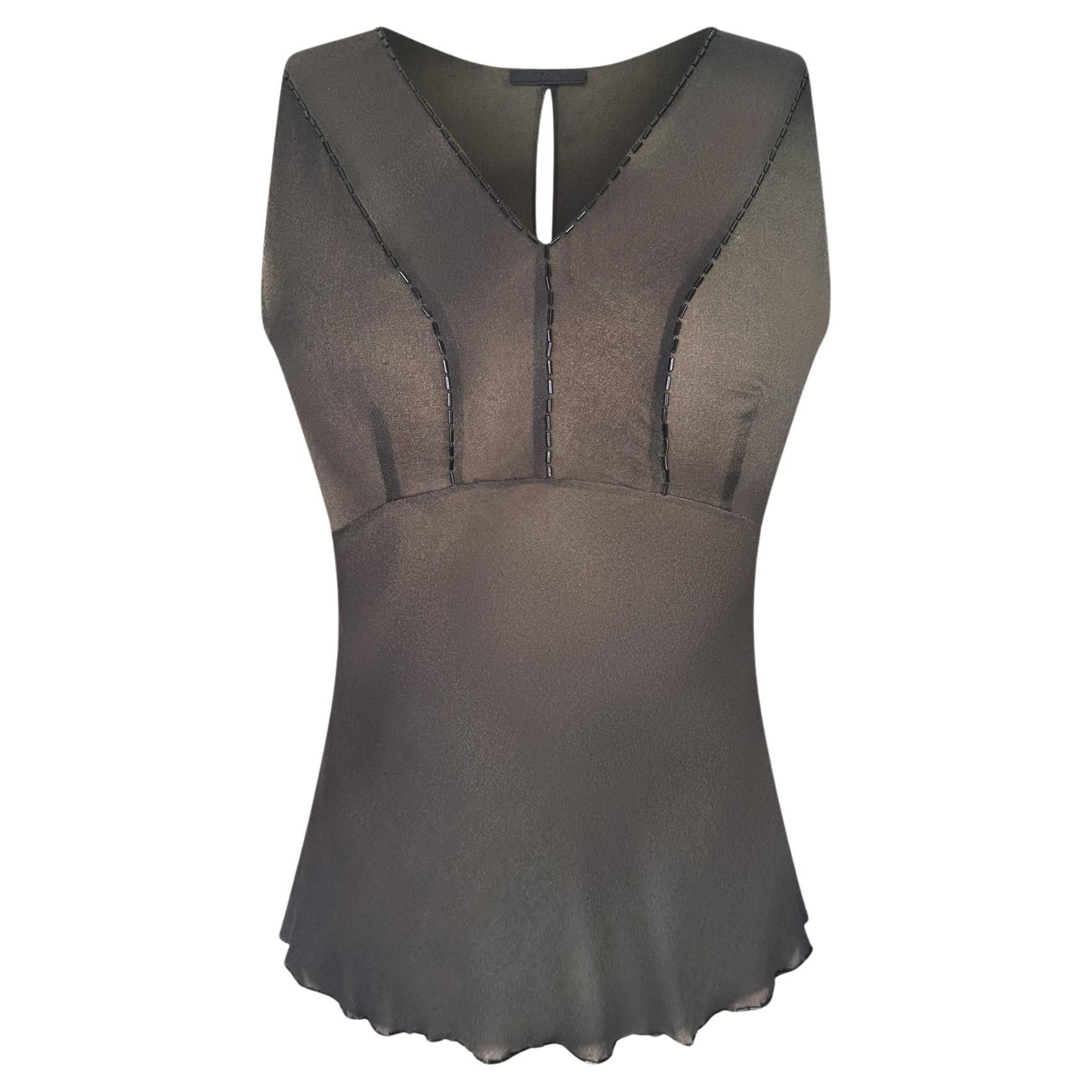 Prada F/W 1997 Olive Silk Beaded Runway Top