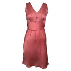Prada F/W 1997 Rose Satin Slip Dress With Silver Bugle-Bead Trim And Tie Belt
