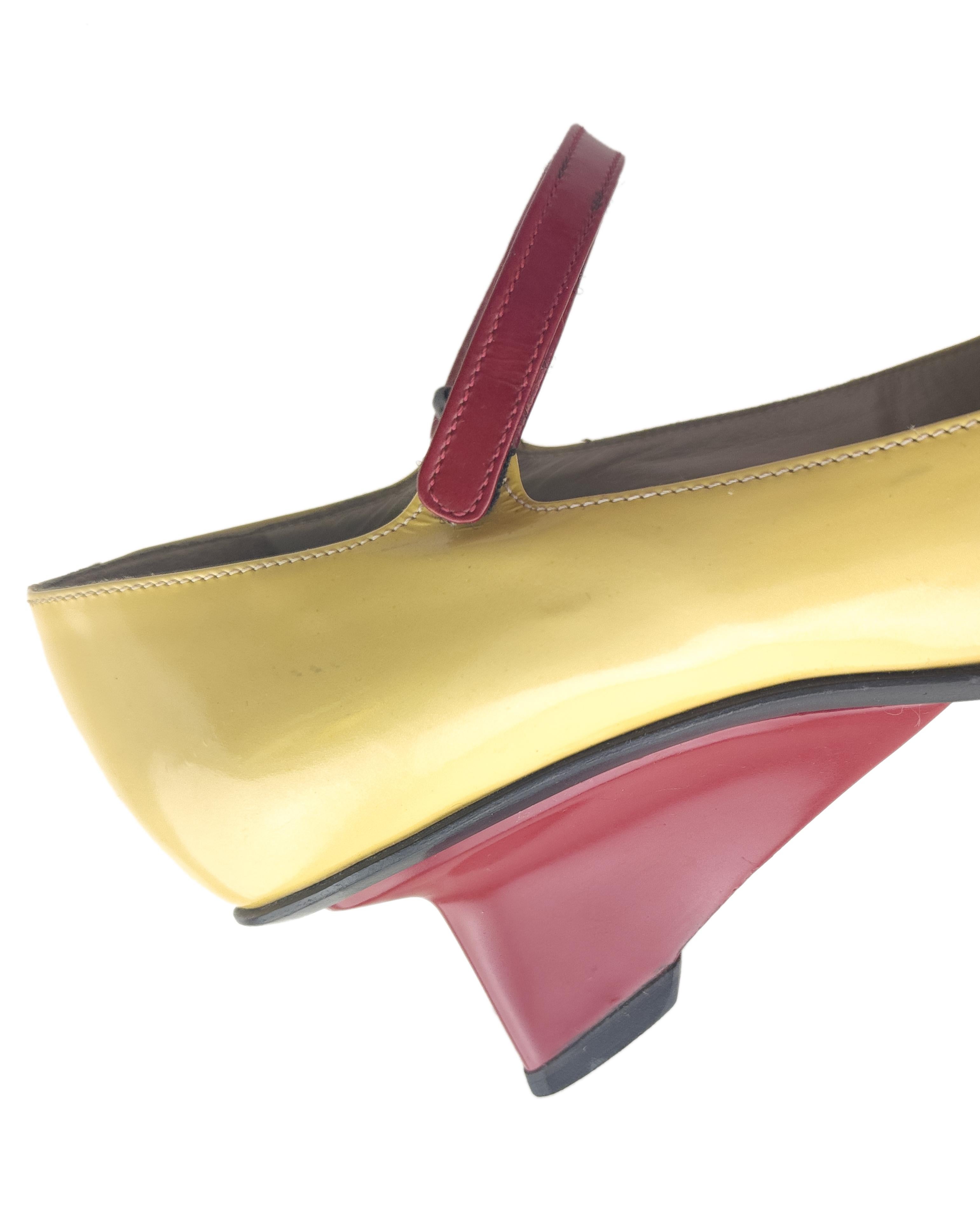 Prada F/W 1998 Beige and Red Mary Janes with Wedge Heel For Sale 5