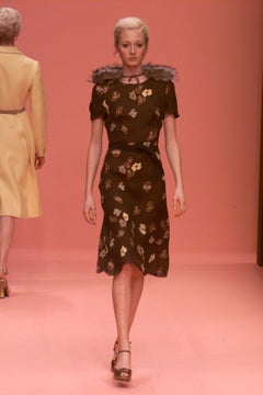 Prada F/W 2000 Brown Silk Chiffon Pansy-Print Midi Dress With Slip