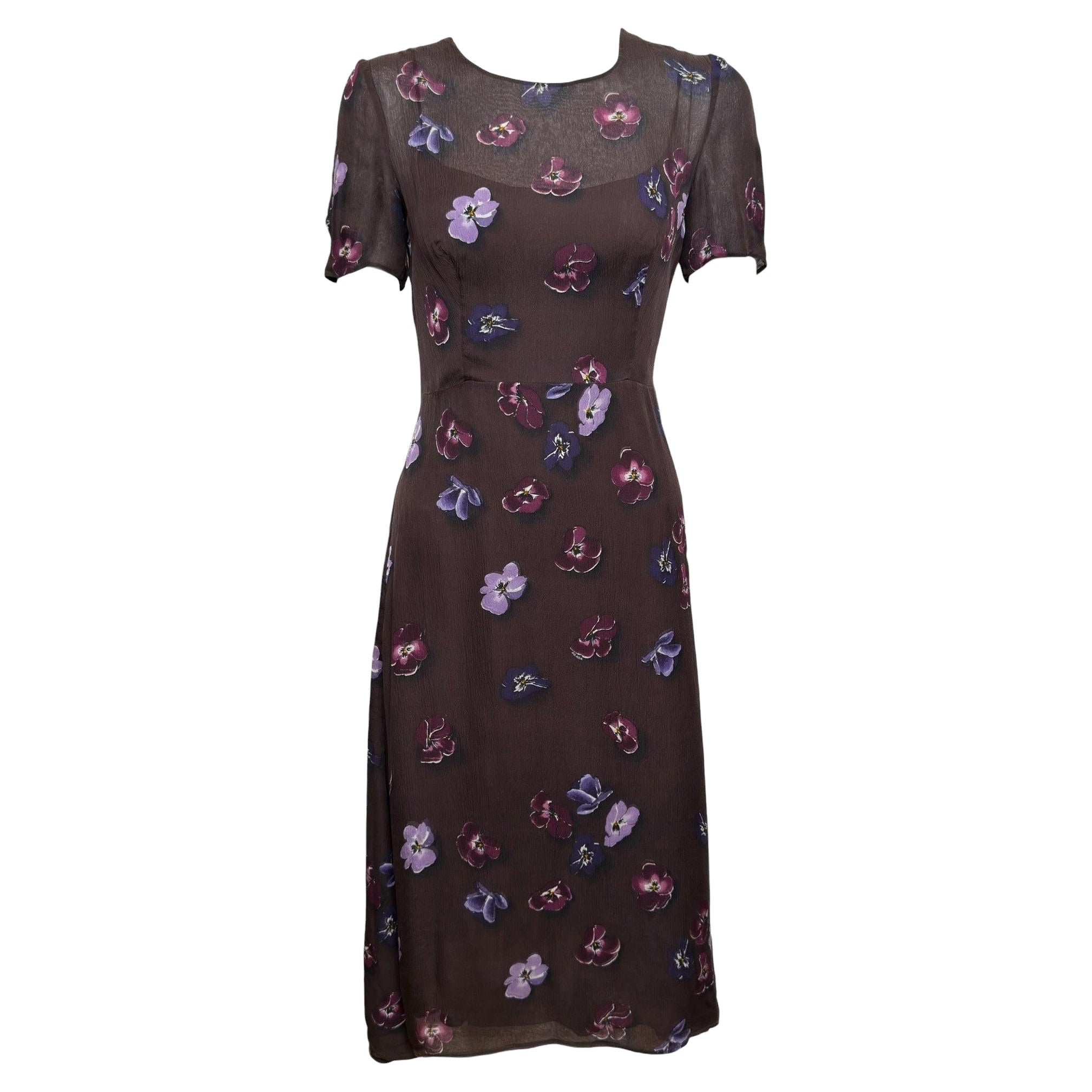 Pre-owned Prada F/w 2000 Brown Silk Chiffon Pansy-print Midi Dress With Slip