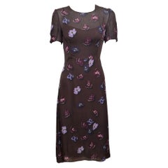 Prada F/W 2000 Brown Silk Chiffon Pansy-Print Midi Dress With Slip