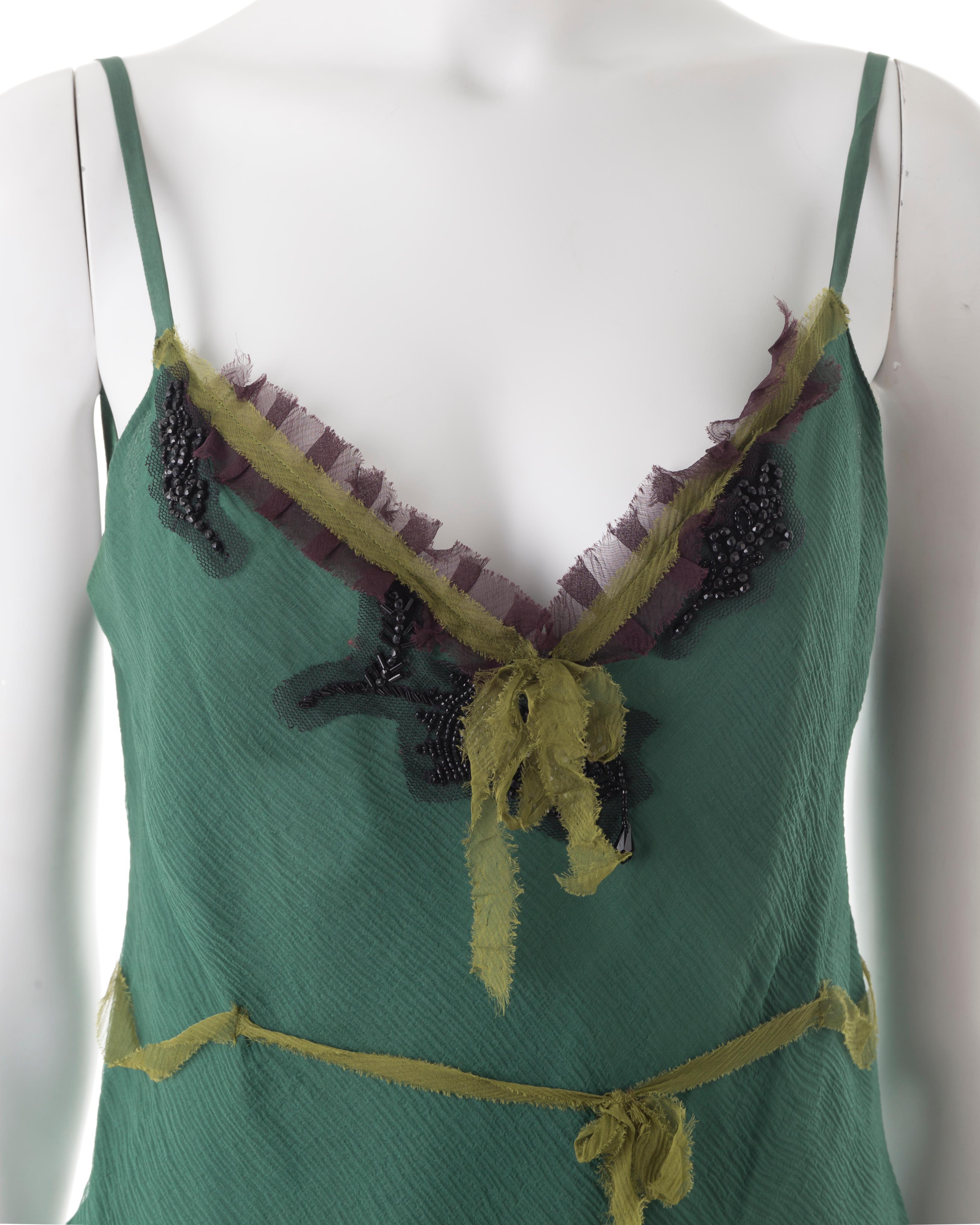 Gray Prada F/W 2000 green silk chiffon with floral beading top For Sale