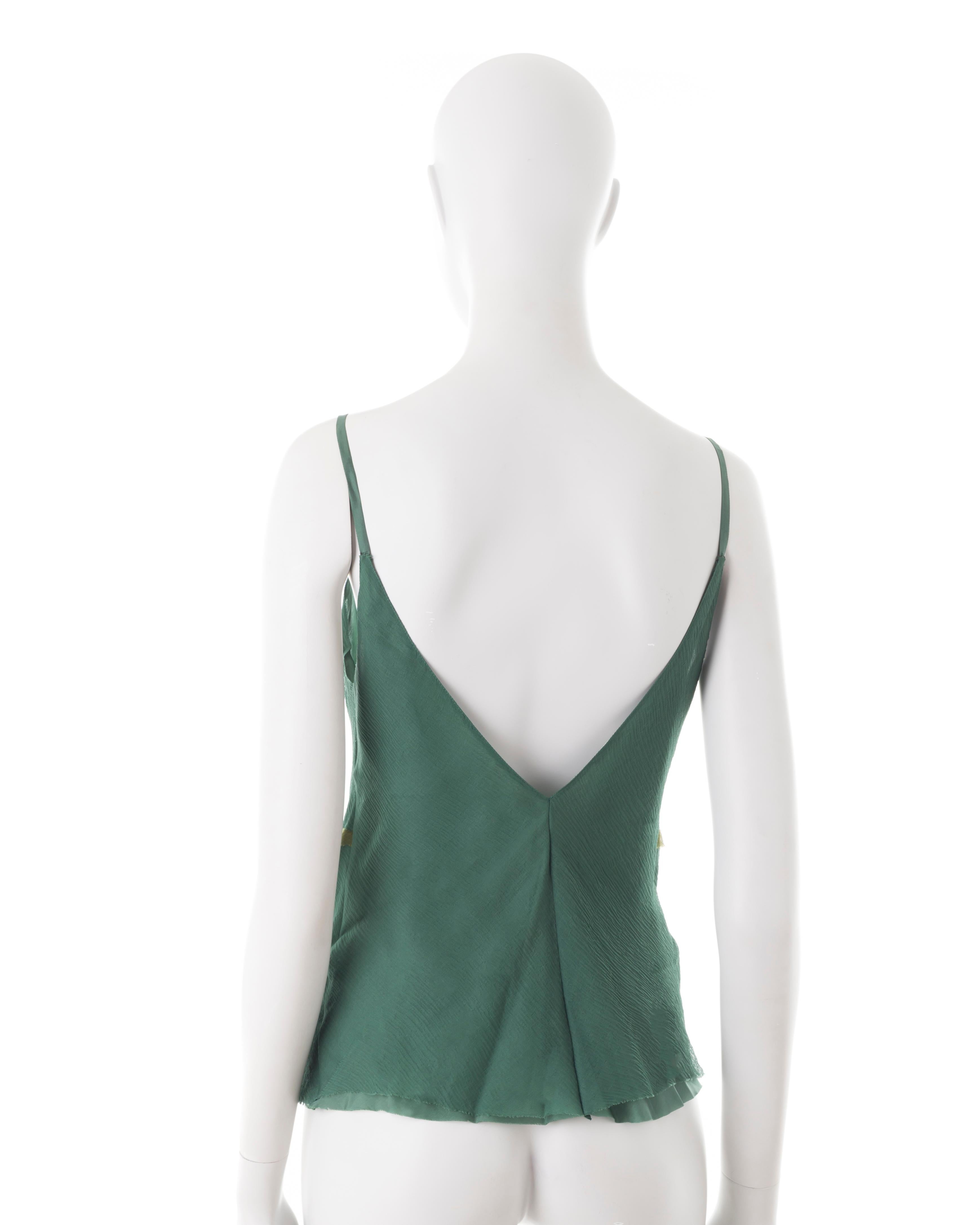 Women's Prada F/W 2000 green silk chiffon with floral beading top For Sale
