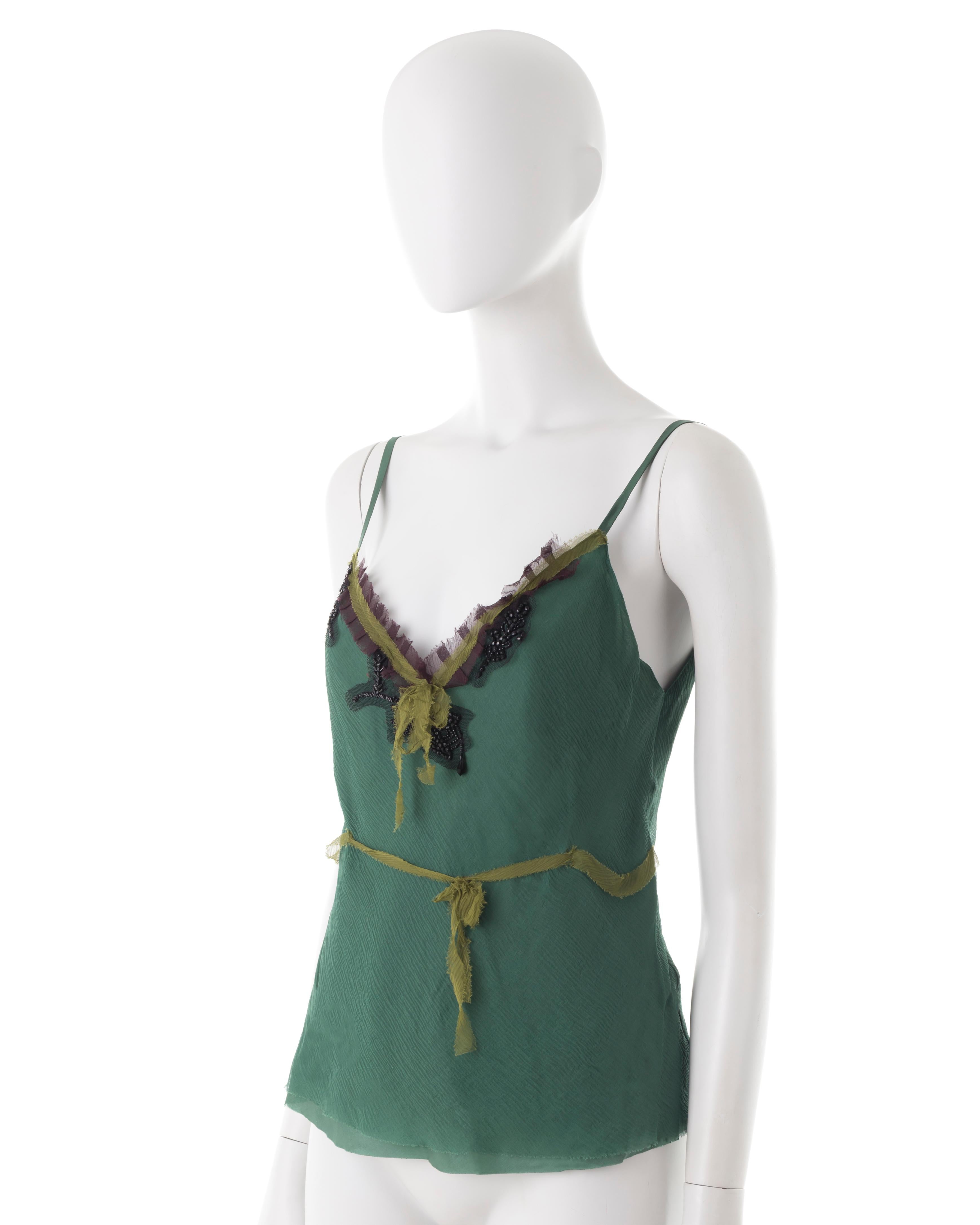 Prada F/W 2000 green silk chiffon with floral beading top For Sale 2