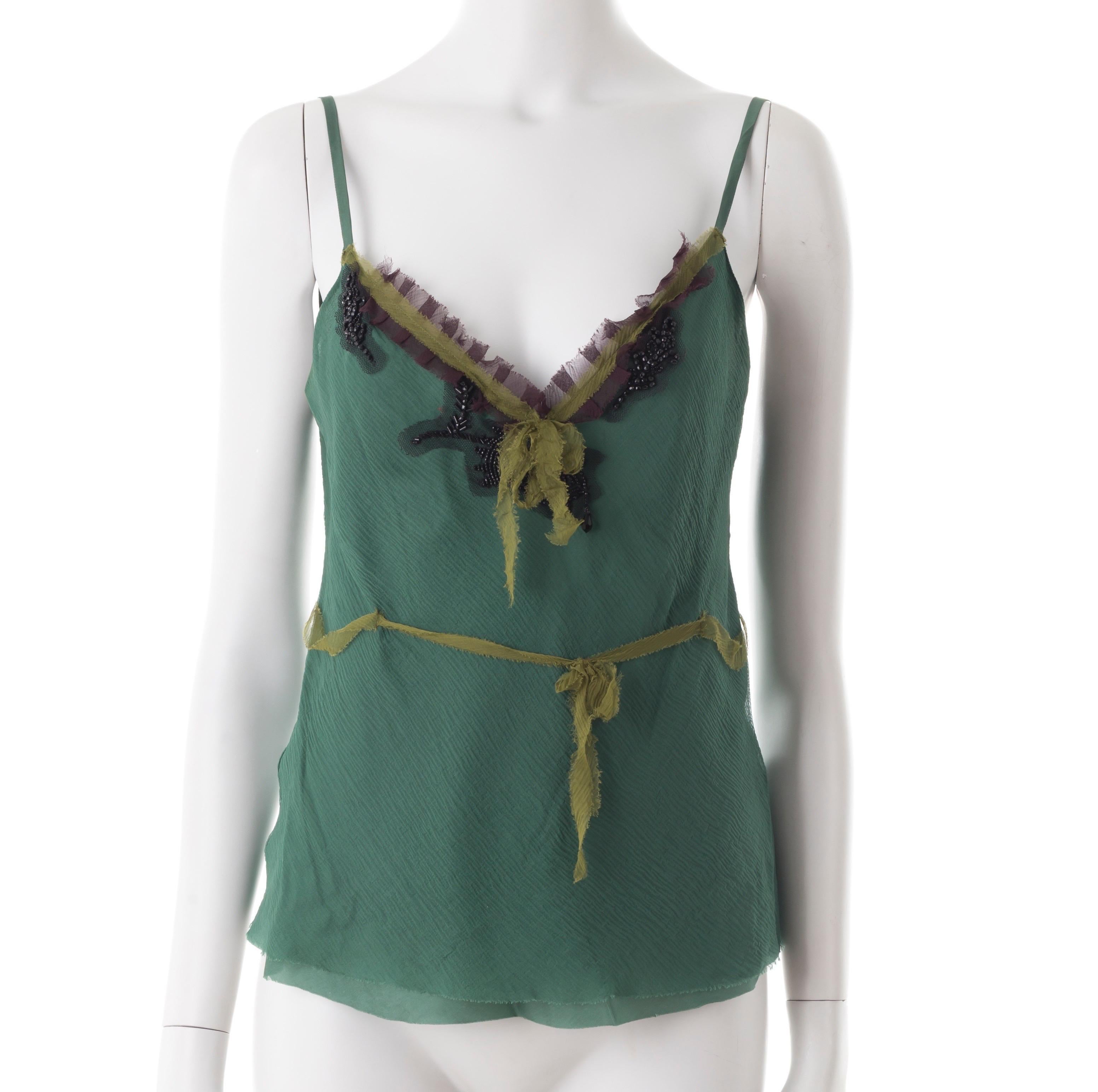 Prada F/W 2000 green silk chiffon with floral beading top For Sale
