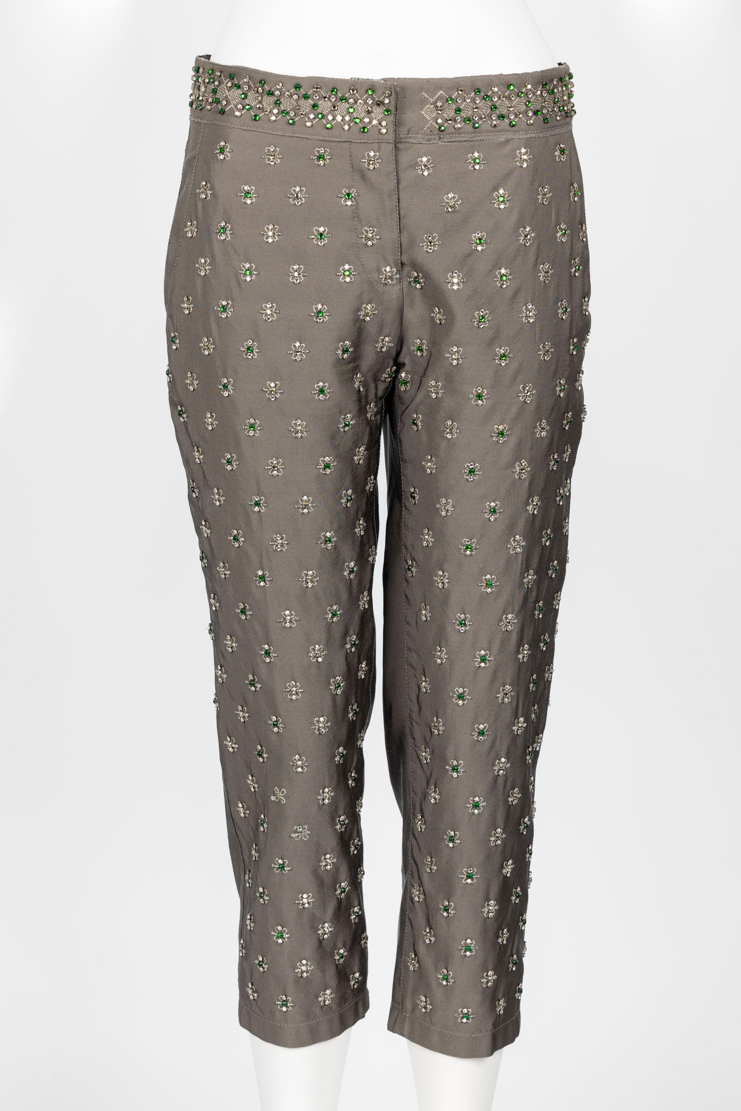 Gray Prada F/W 2004 Crystal Embellished Silk Capri Pants Limited Edition For Sale