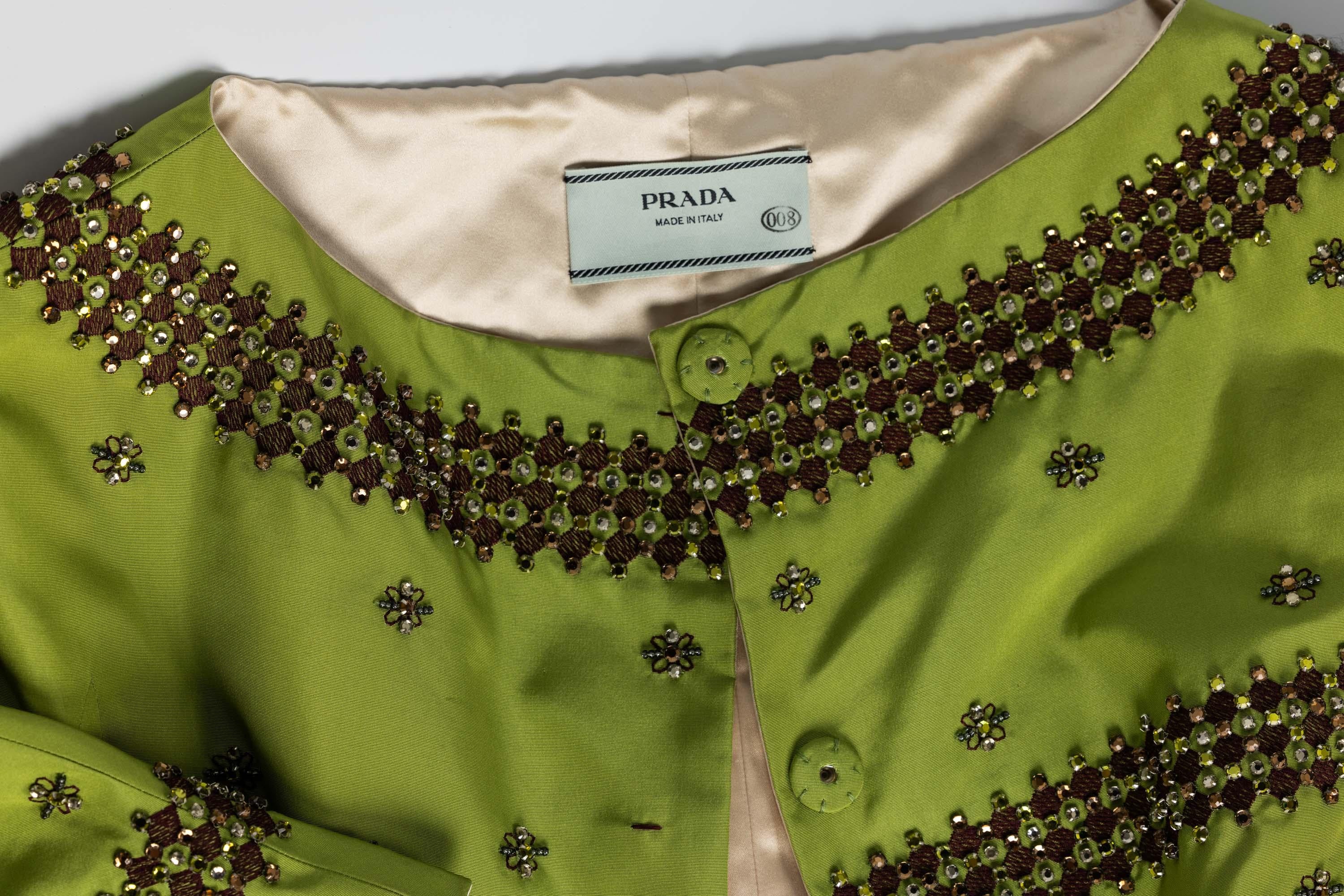 Prada F/W 2004 Green Silk Crystal Embellished Cropped Jacket Limited Edition For Sale 7