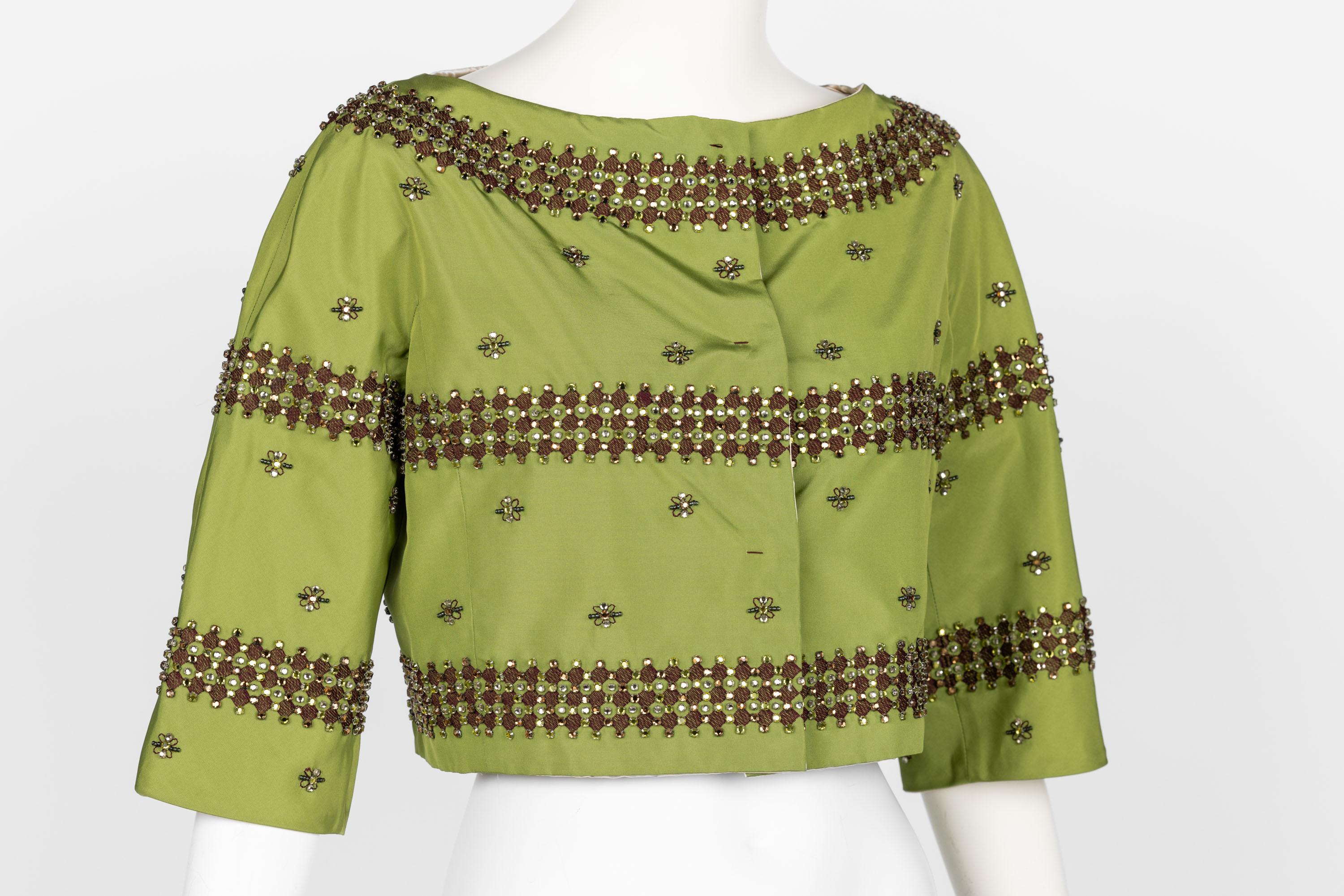 Prada F/W 2004 Green Silk Crystal Embellished Cropped Jacket Limited Edition In Good Condition For Sale In Boca Raton, FL